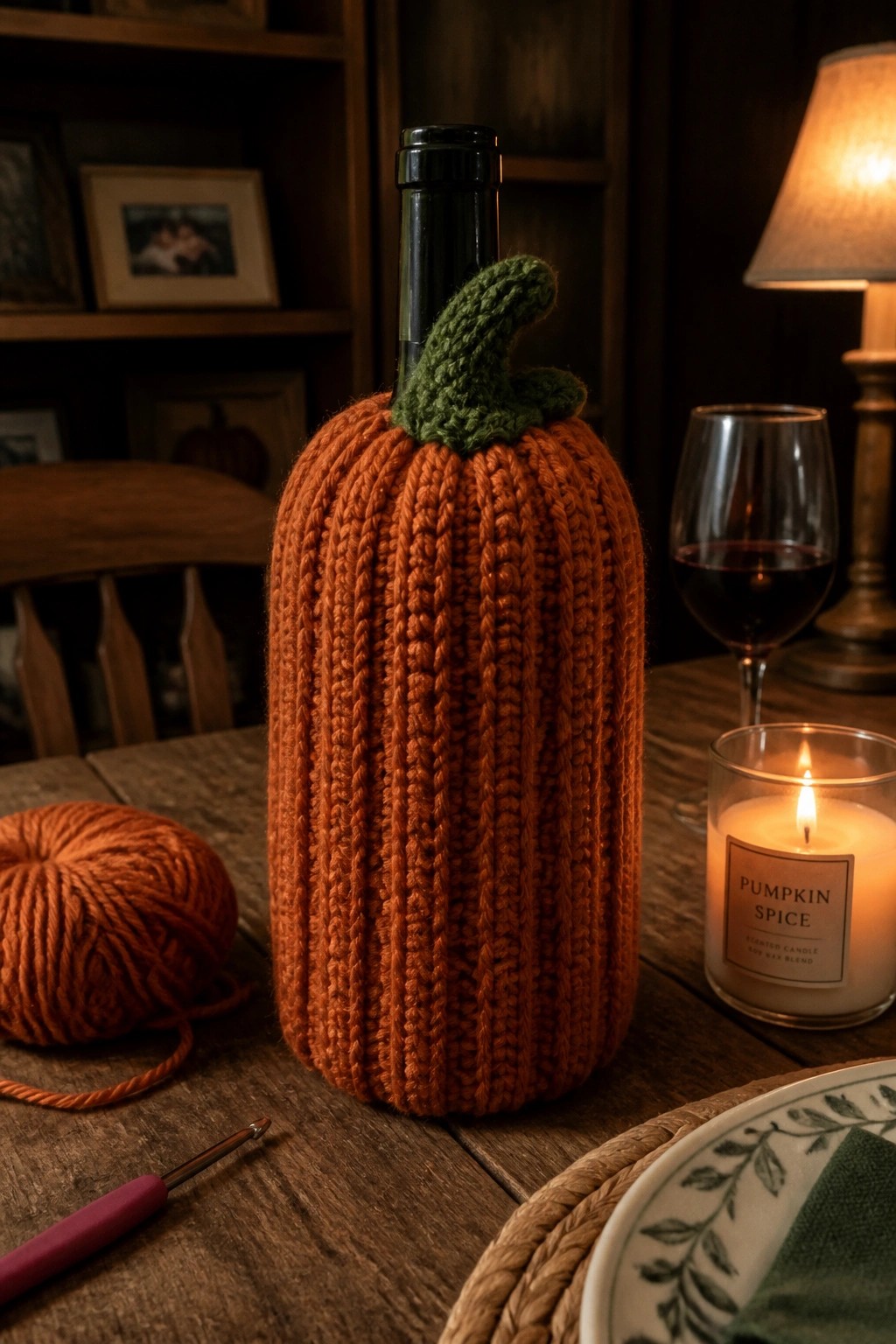 Orange crocheted pumpkin cozy on wine bottle beside lit candle and yarn.