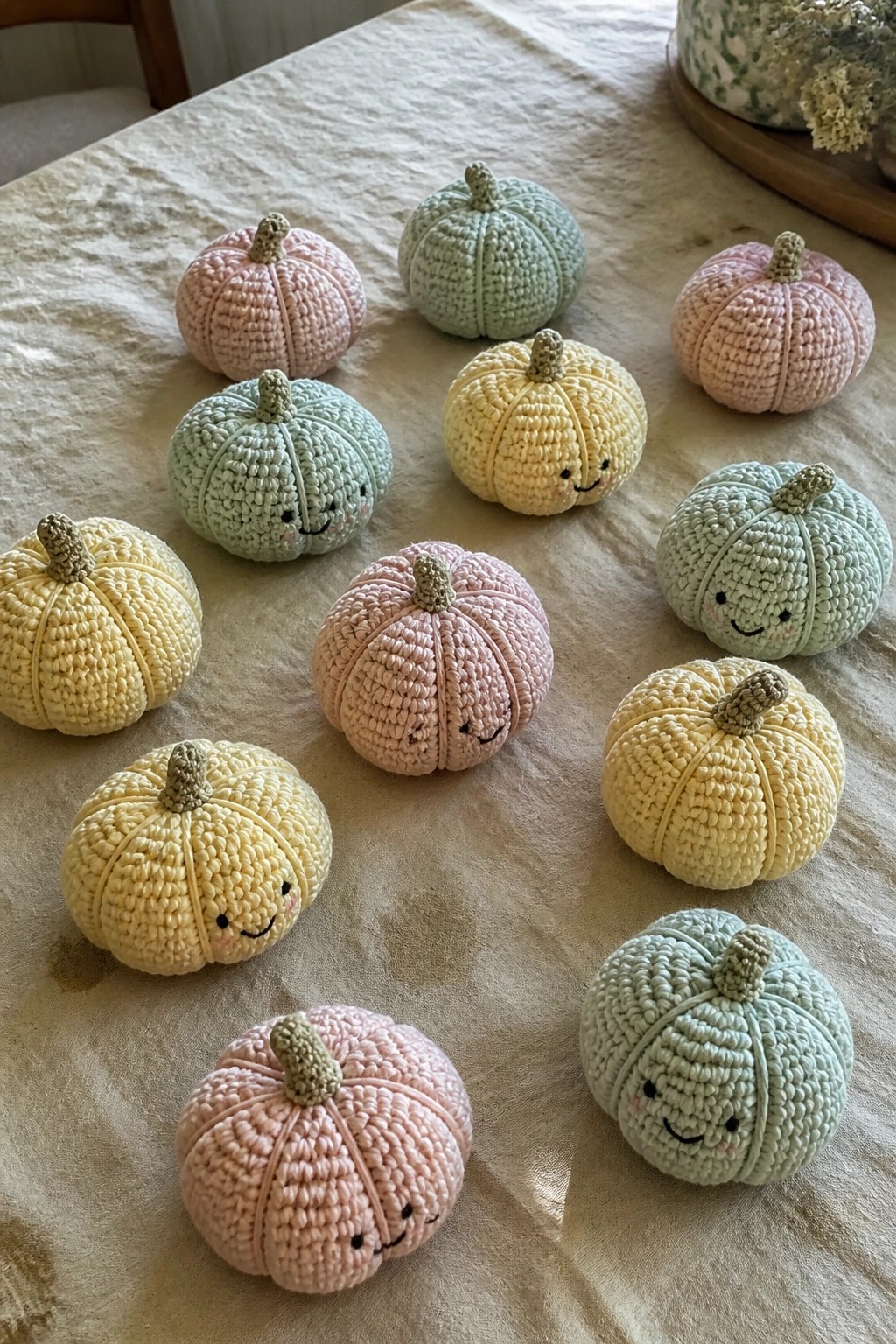 Pastel crocheted pumpkins with smiling faces on a beige tablecloth.