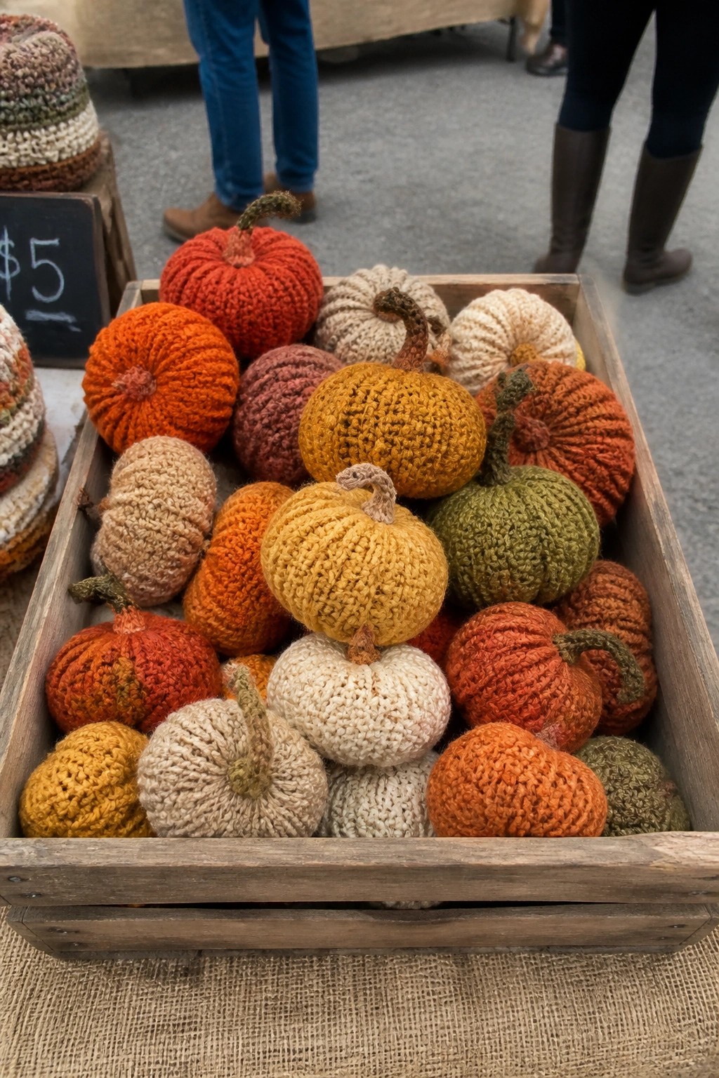 Wooden crate brimming with colorful knitted pumpkins in orange, yellow, and green tones
