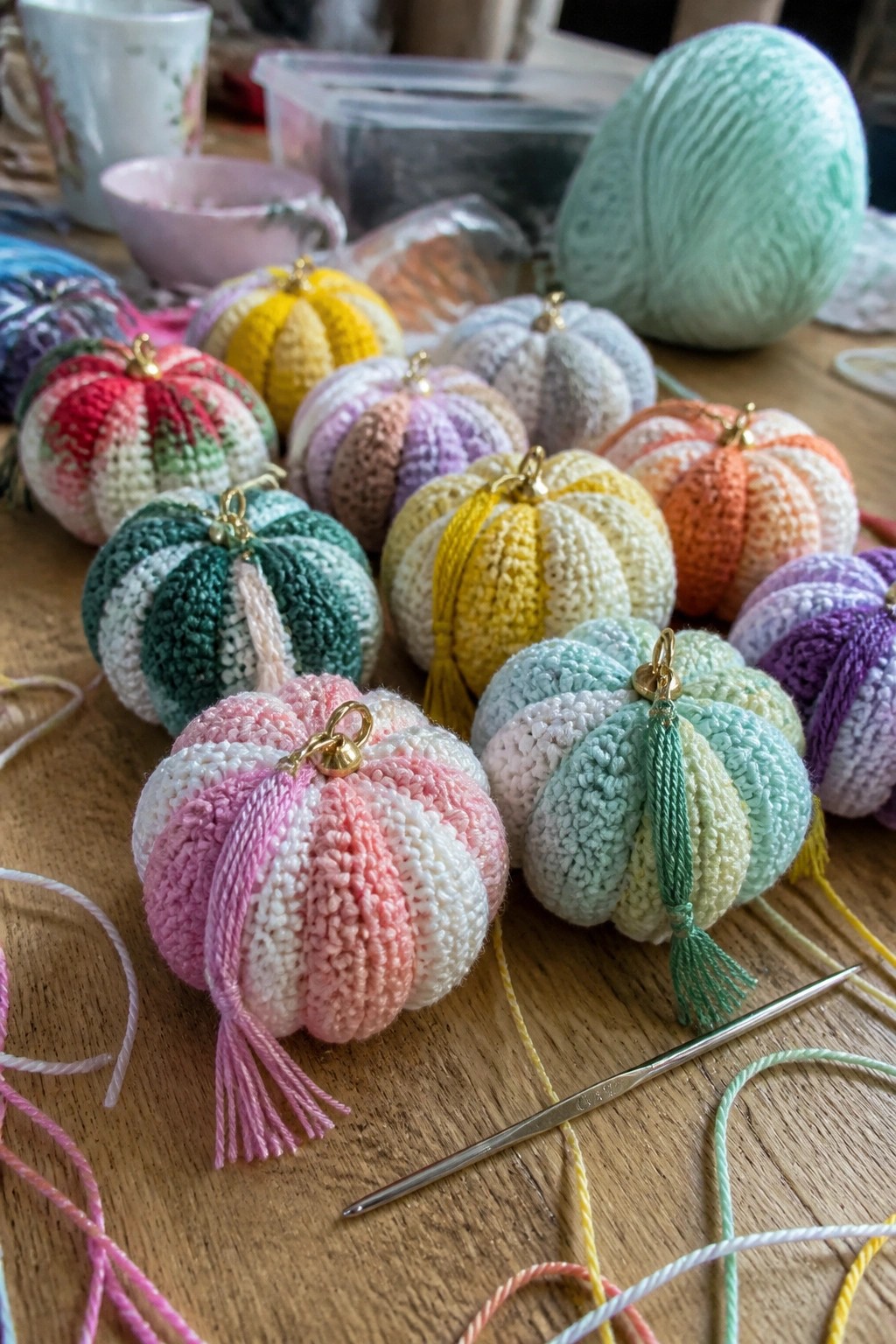 Colorful crocheted pumpkins with tassels and gold tops on wooden crafting table