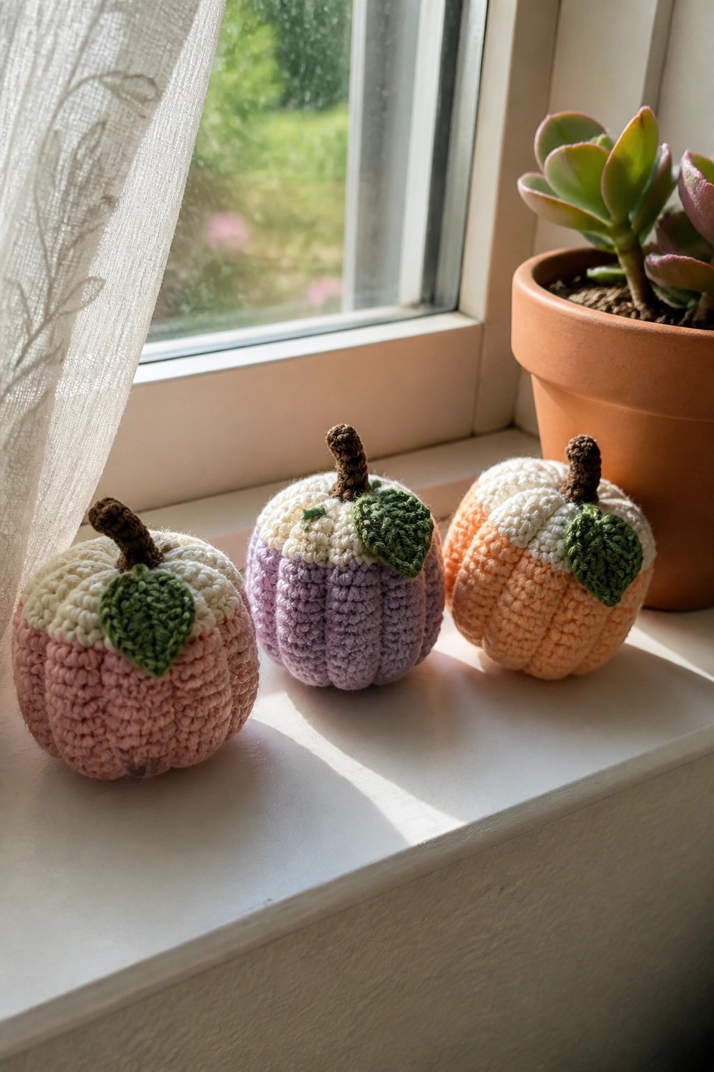 Three colorful crocheted pumpkins on a sunny windowsill beside a potted succulent