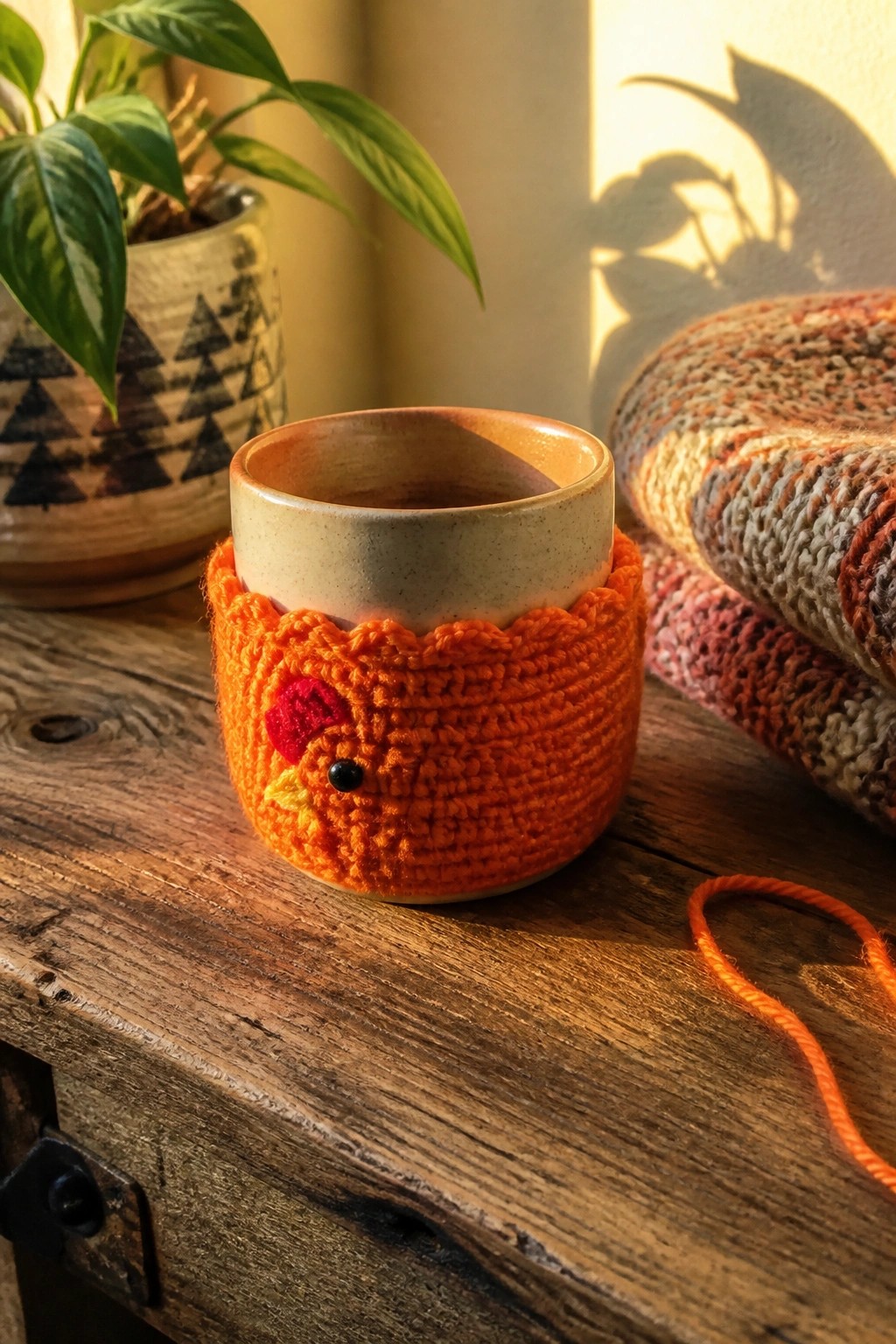 Orange crocheted chicken cozy on ceramic mug atop rustic wood with plant and yarn