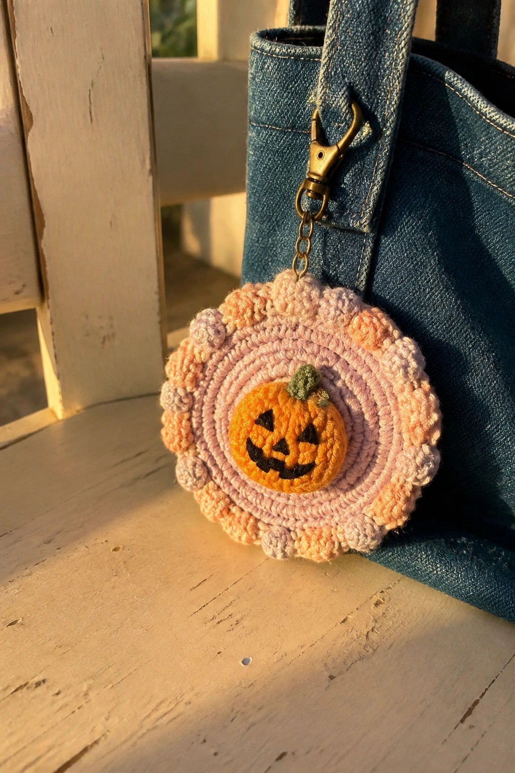 Crocheted jack-o'-lantern keychain with pastel scalloped border on blue denim bag