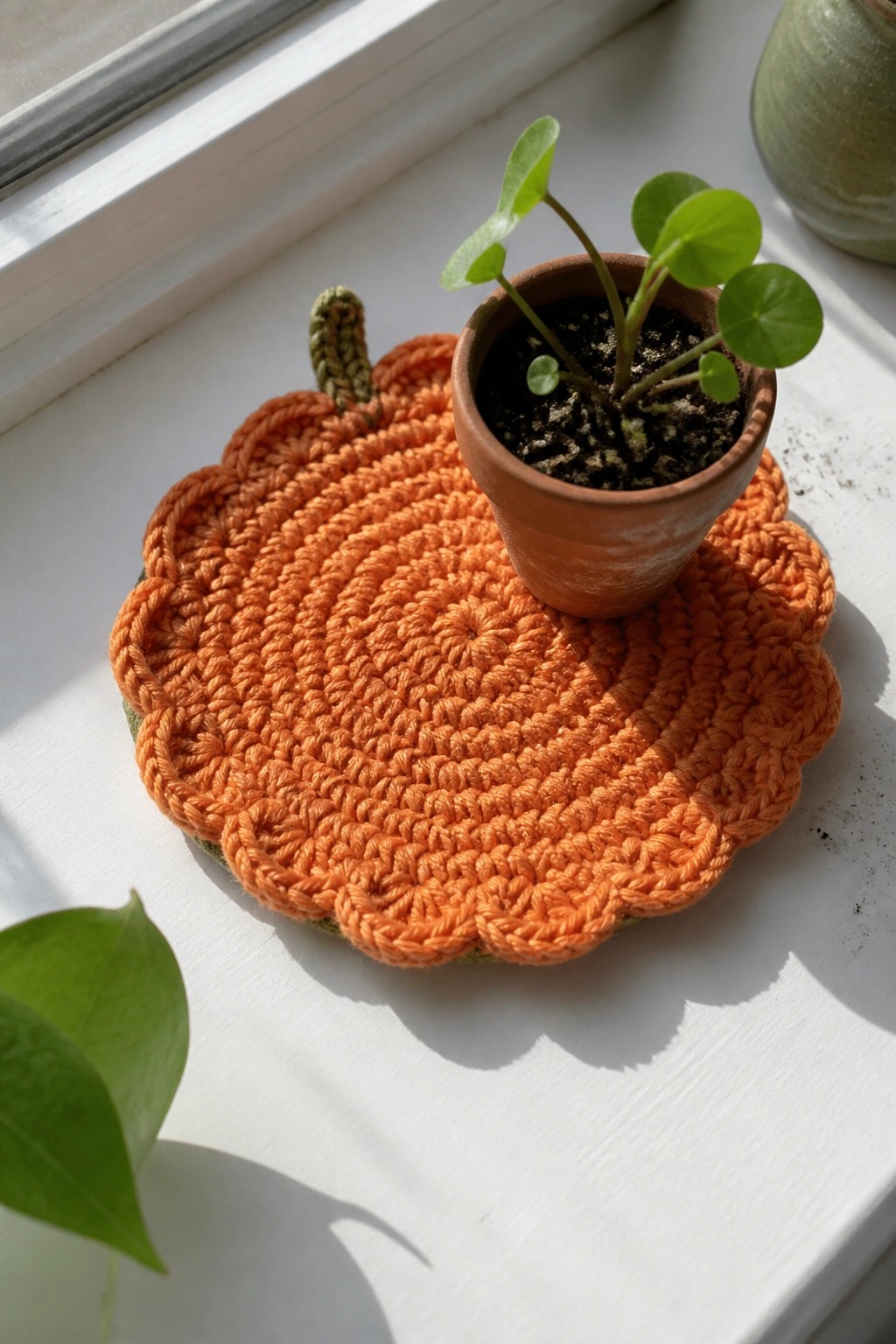 Small potted plant on orange crocheted pumpkin coaster atop white windowsill in sunlight.