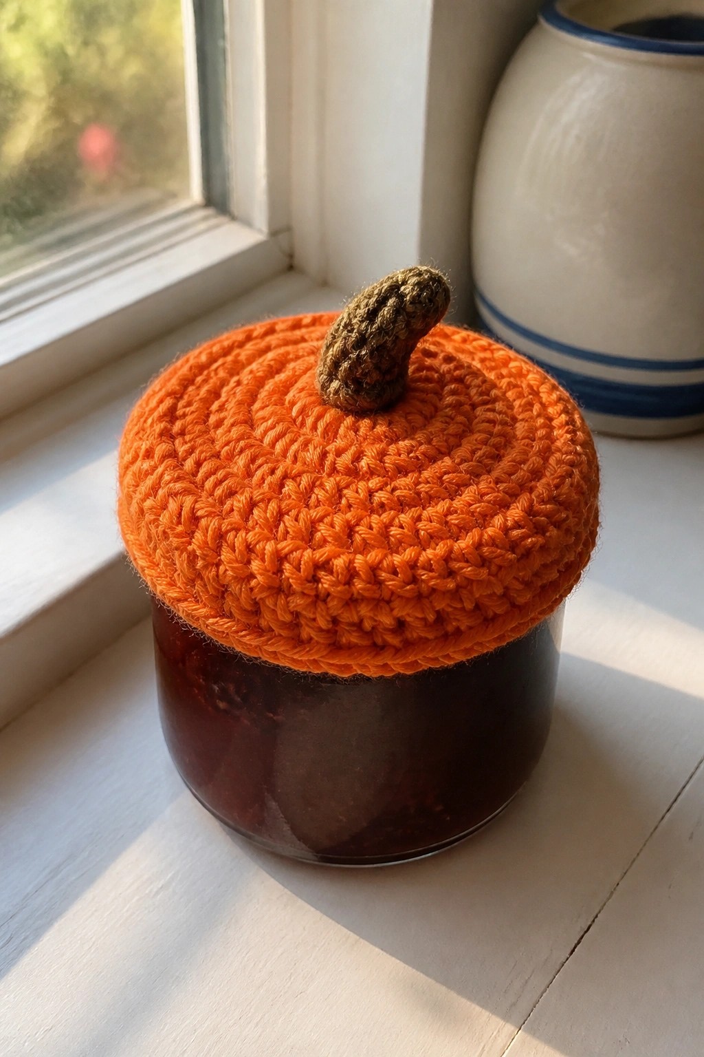 Orange crocheted pumpkin lid with brown stem on glass jam jar by window