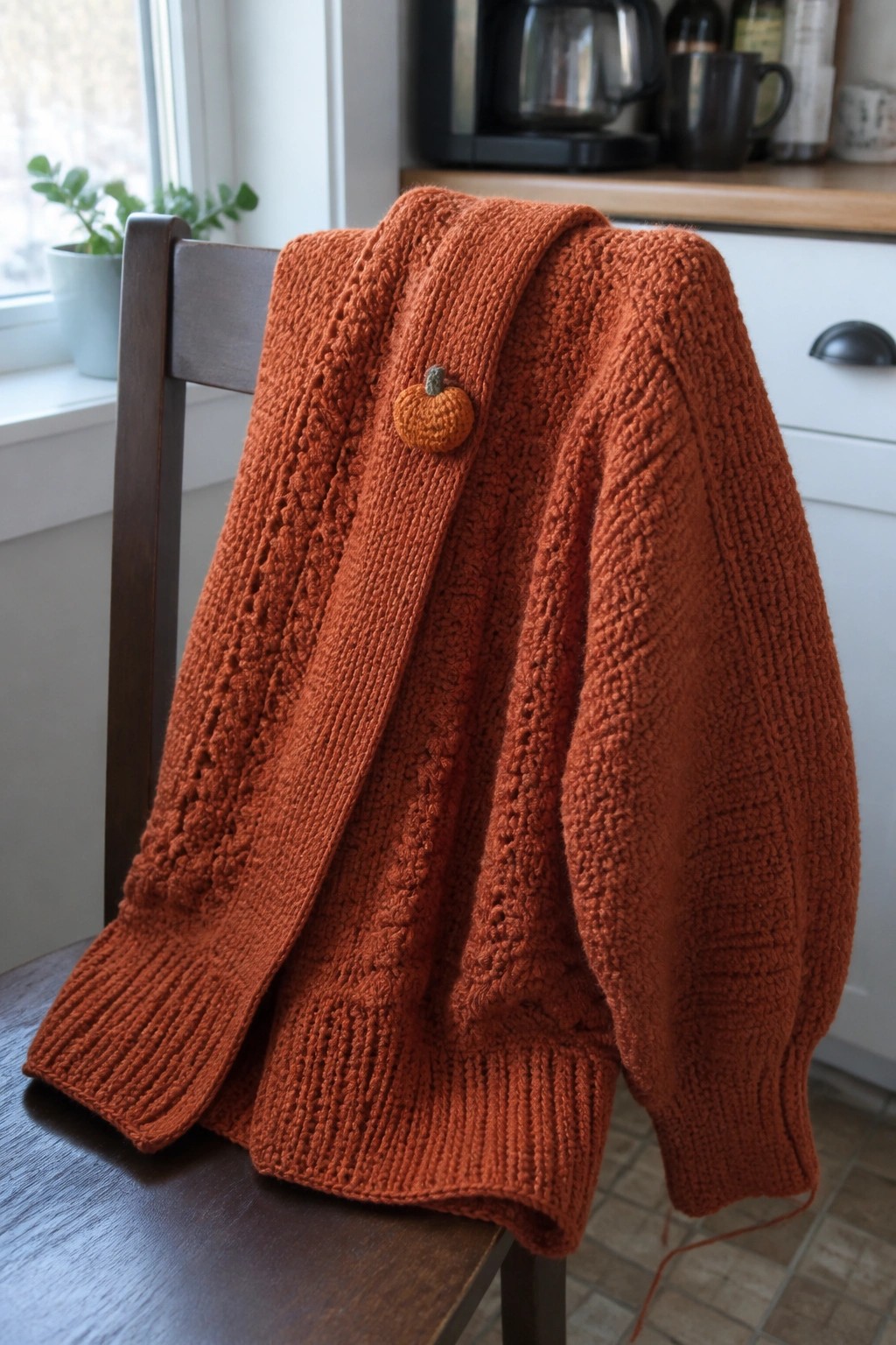 Orange cable-knit cardigan with pumpkin button draped over wooden chair in kitchen.