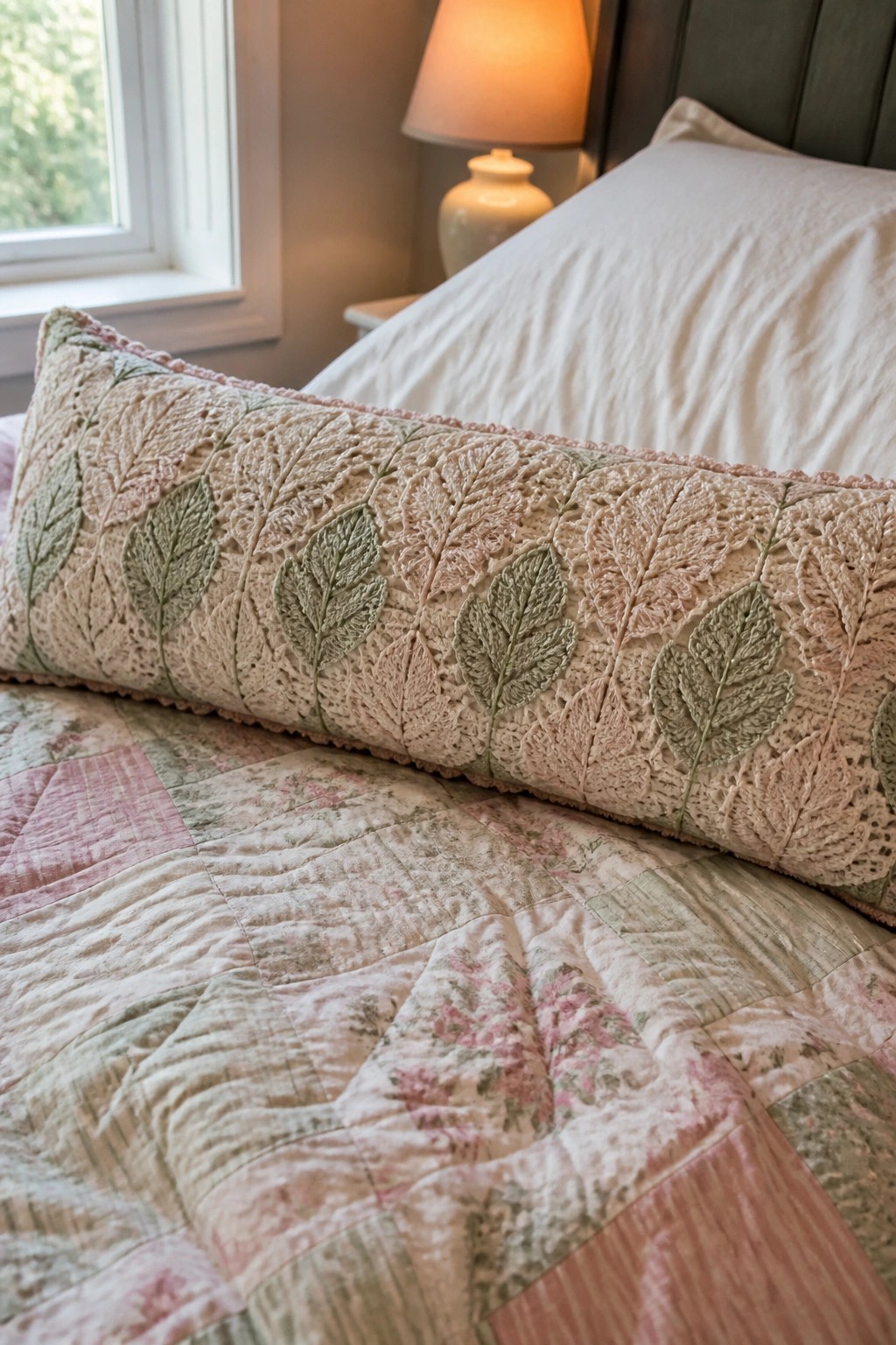 Embroidered leaf bolster pillow on floral patchwork quilt in cozy bedroom setting