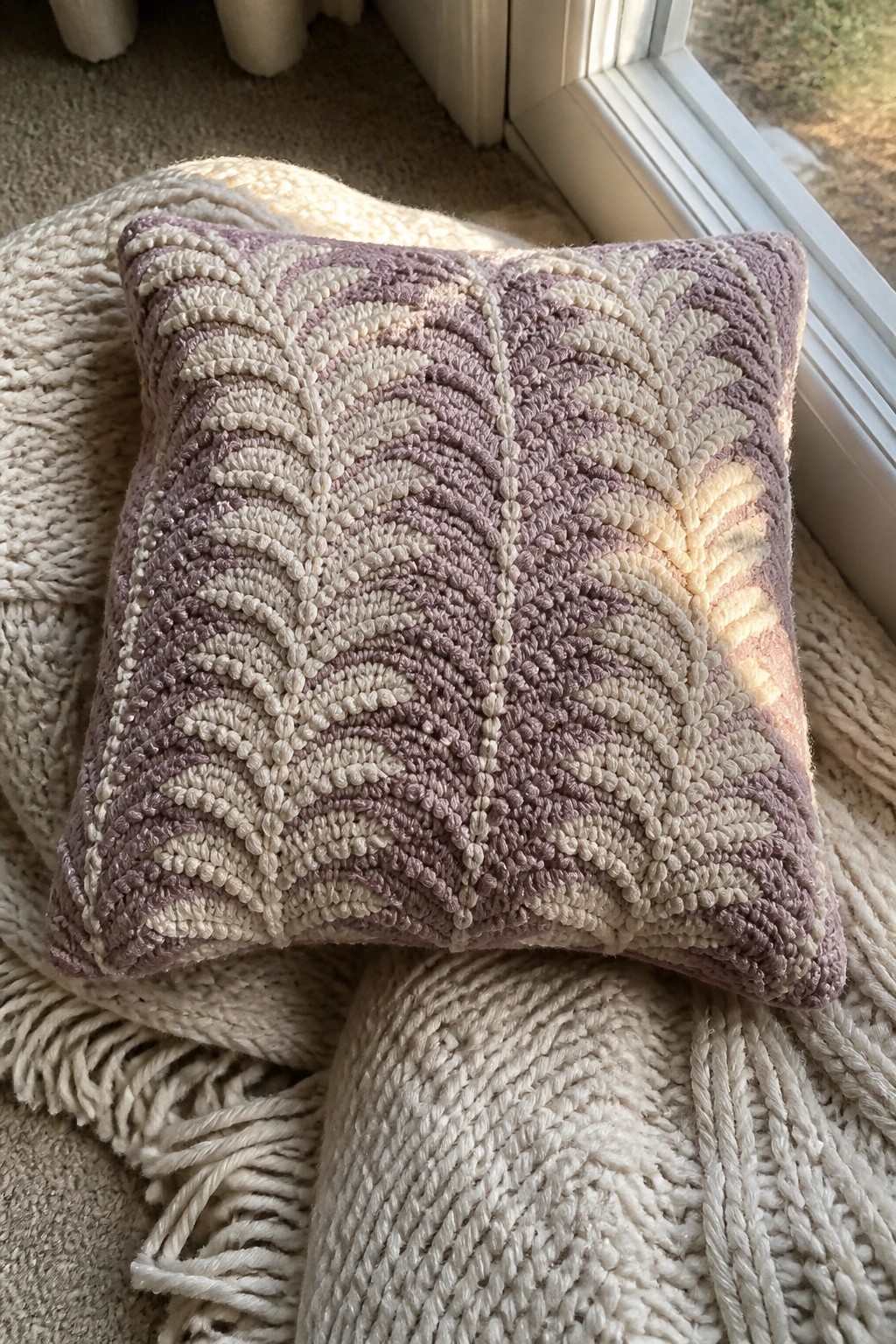 Textured purple and cream pillow on white knit blanket in sunlight