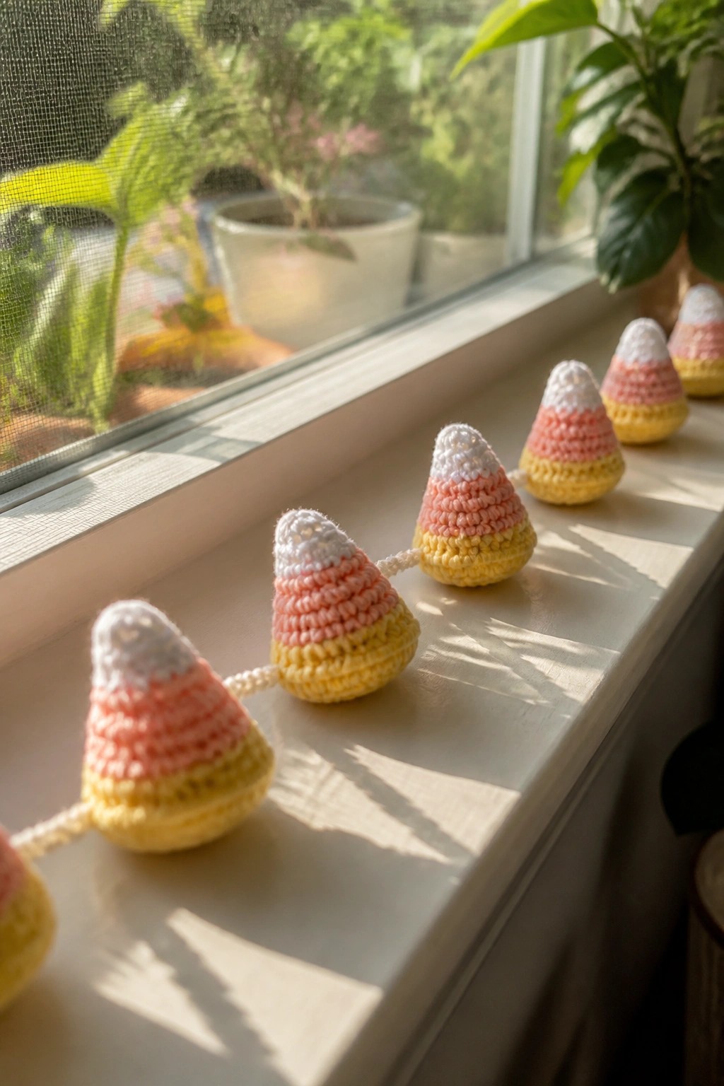 Crocheted candy corn garland on a sunlit windowsill with houseplants behind.