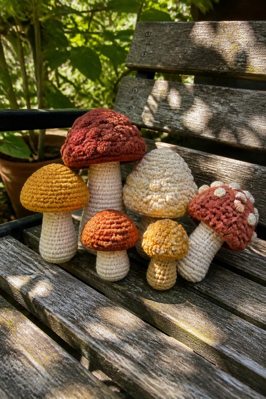 Assorted colorful crocheted mushrooms arranged on a weathered wooden bench outdoors.