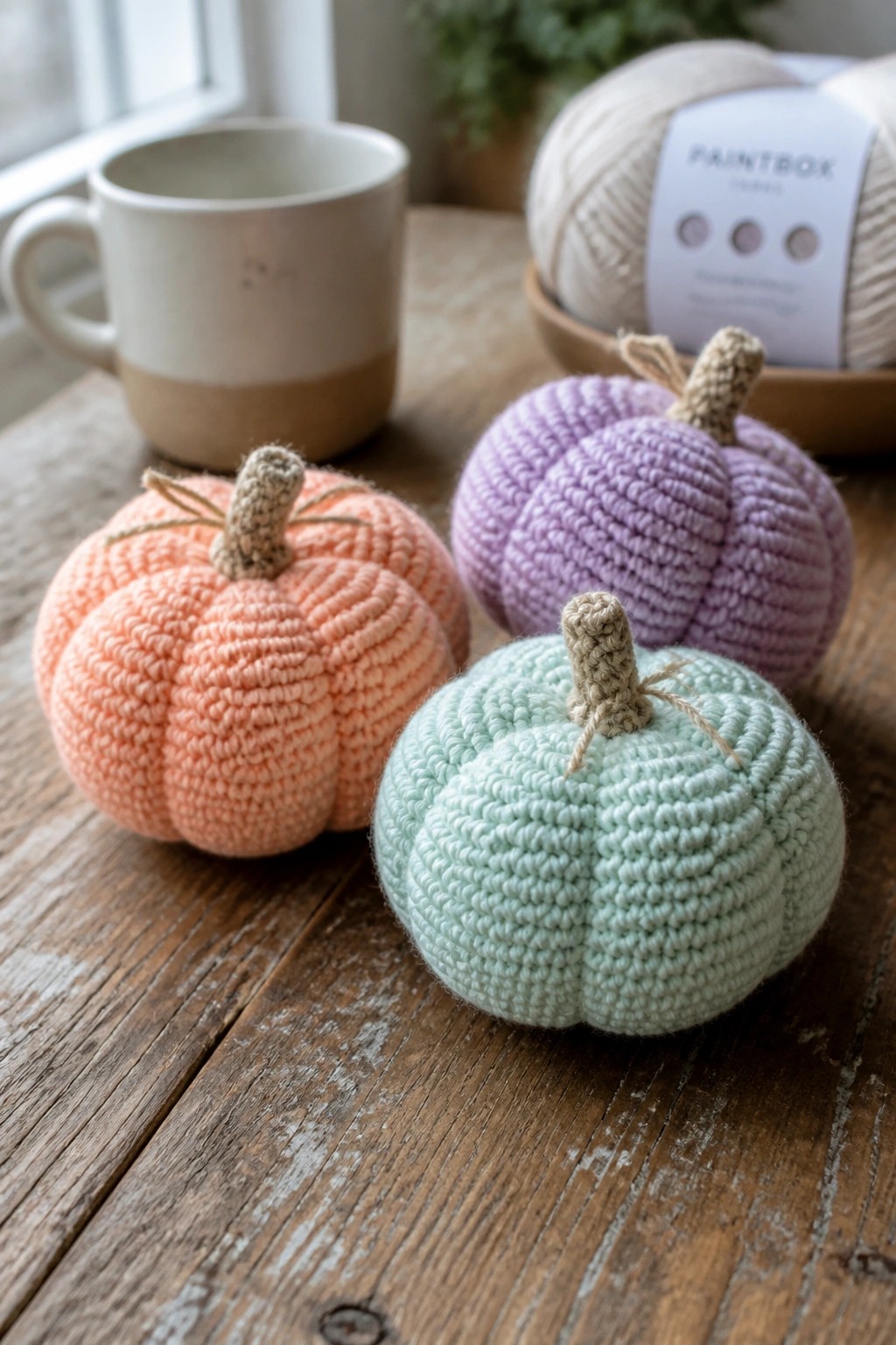 Three crocheted pumpkins in peach, purple, and mint on rustic wooden table