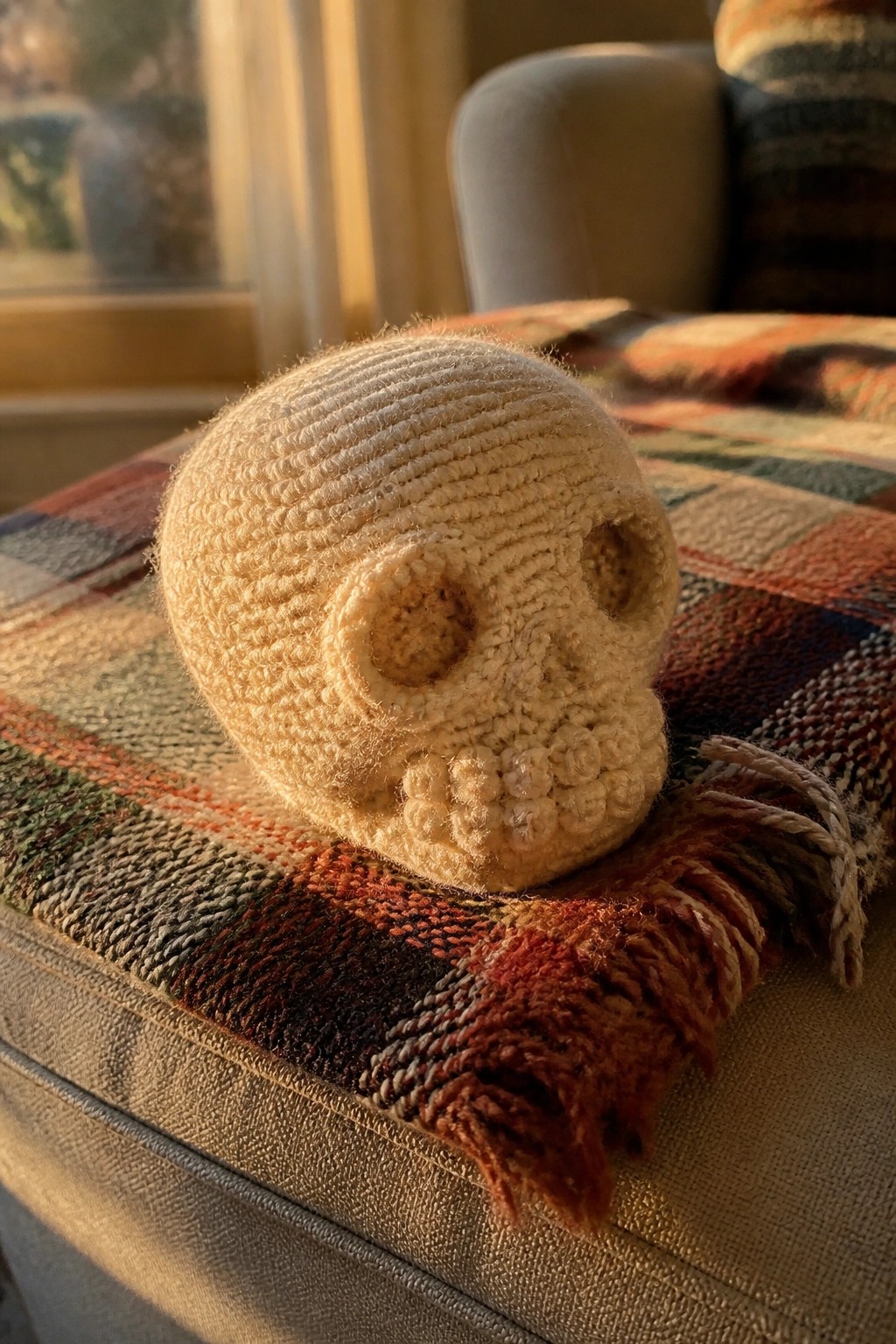 Beige crocheted skull on multicolored fringed plaid blanket in sunlight