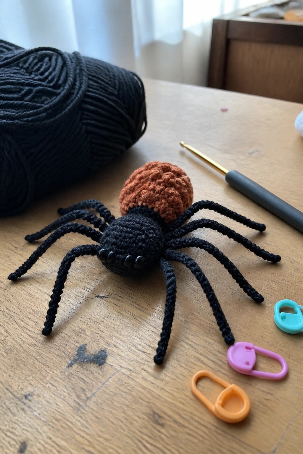 Crocheted black spider with orange abdomen beside yarn, hook, and stitch markers on table