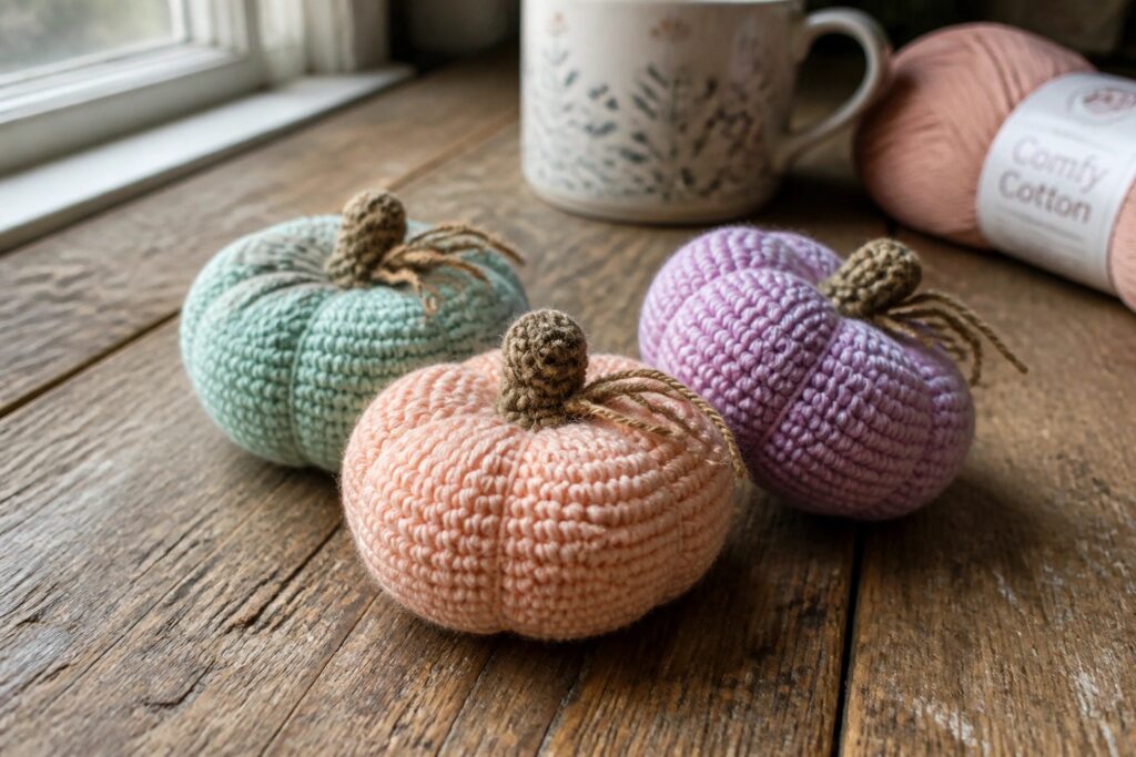 Three crocheted pumpkins in peach, purple, and mint on rustic wooden table