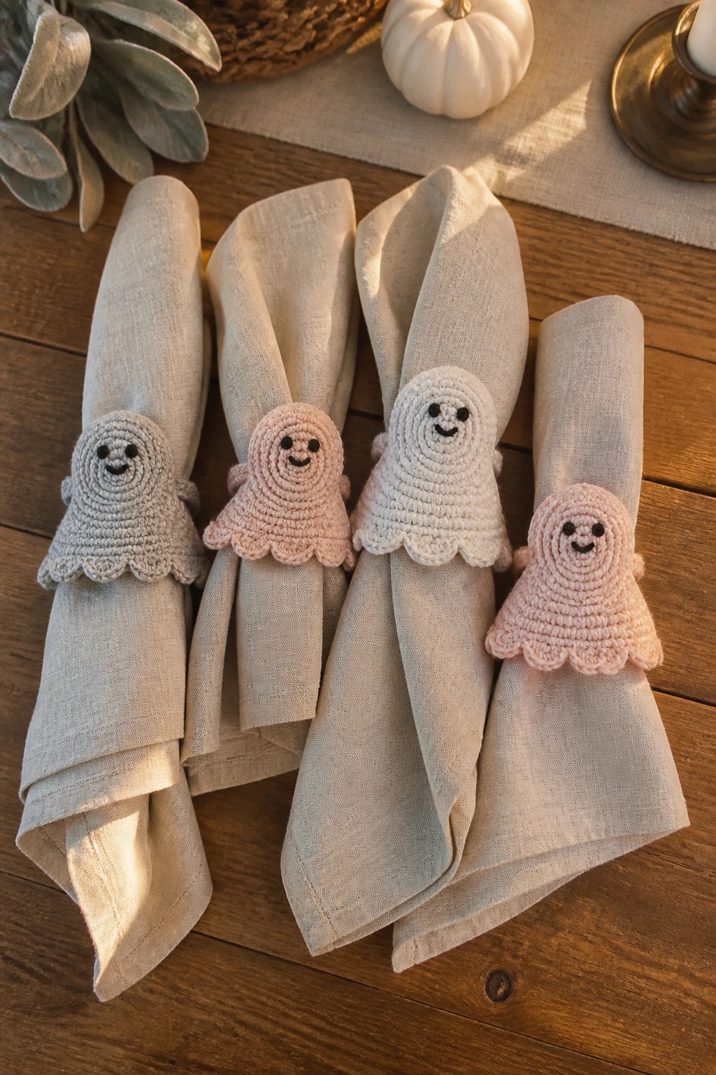Four rolled linen napkins with pastel crocheted ghost rings on wooden table
