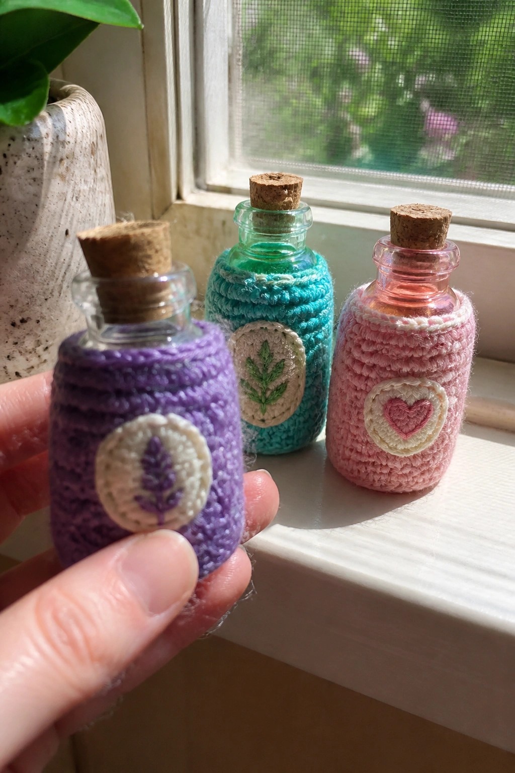 Hand holding purple crocheted bottle with lavender patch beside teal and pink ones
