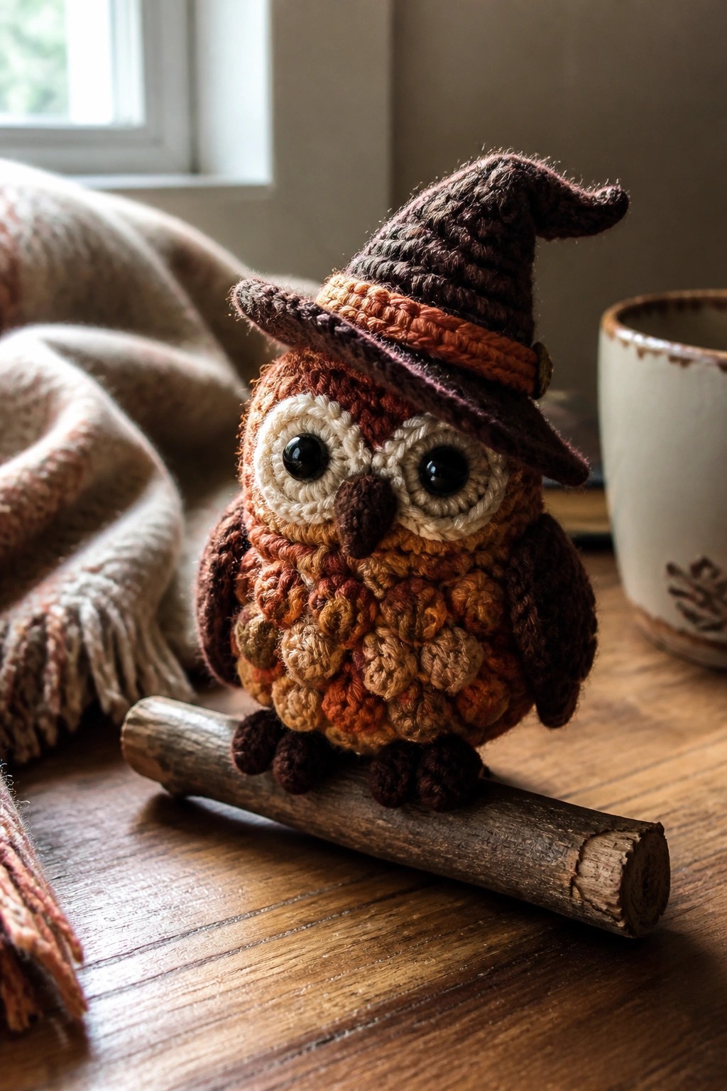 Crocheted owl in autumn colors wearing a brown witch hat on a branch