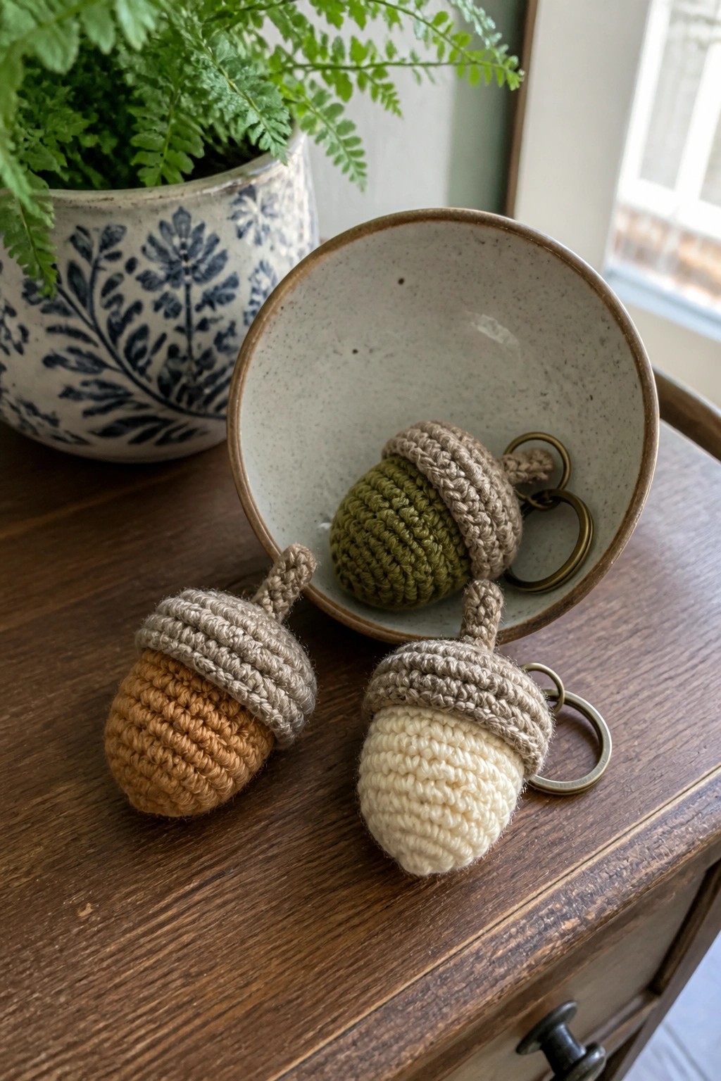 Three crocheted acorn keychains in orange, cream, and green on wooden table with bowl.