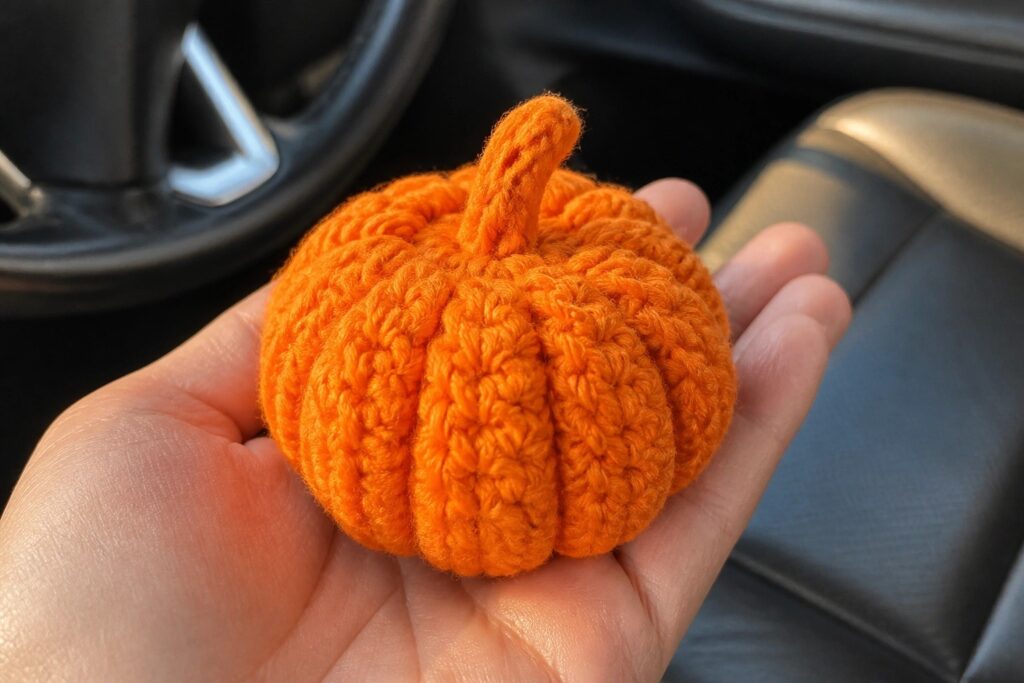 Hand holding small orange crocheted pumpkin with brown stem inside car
