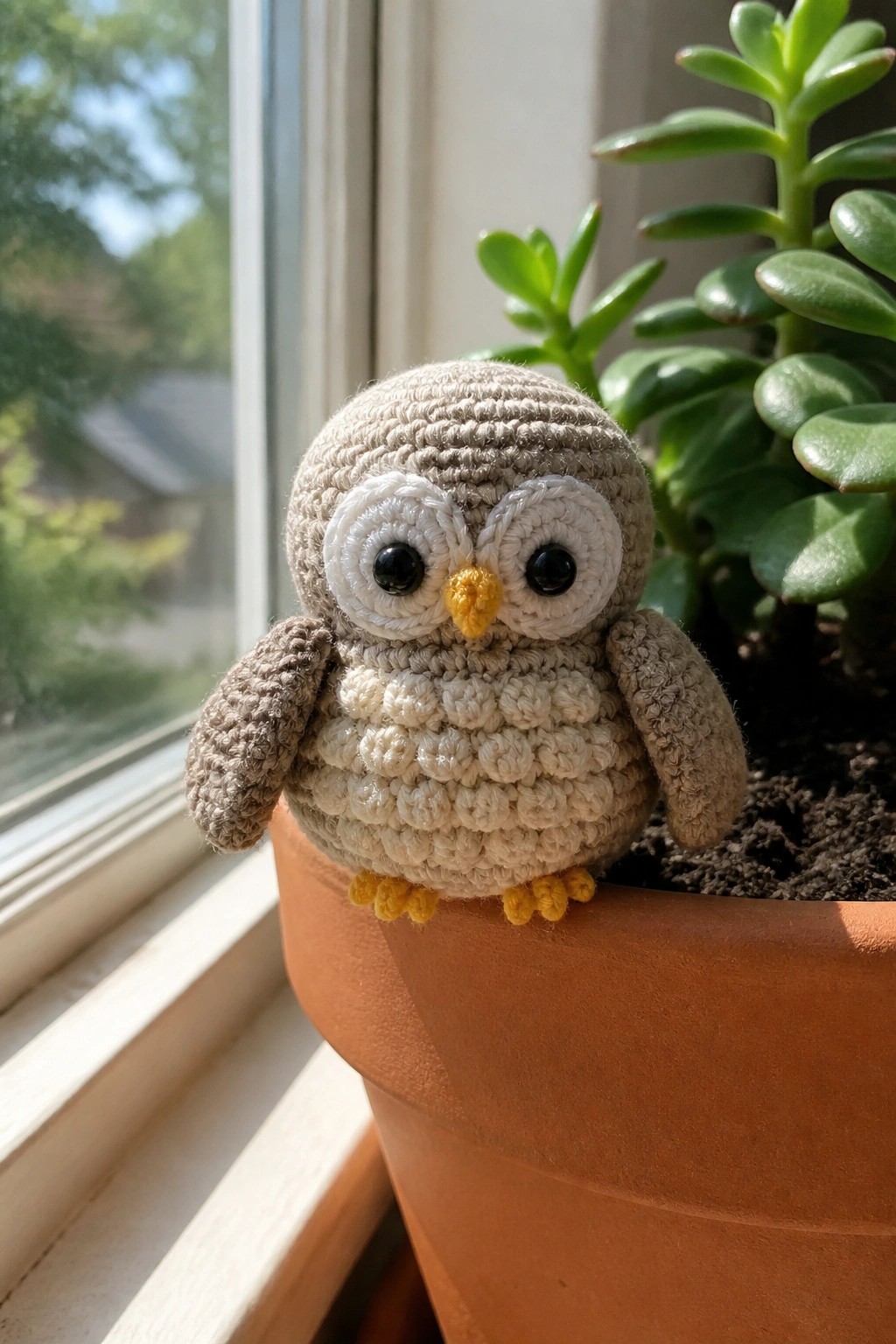 Crocheted beige owl with white eyes and yellow beak on terracotta plant pot by window