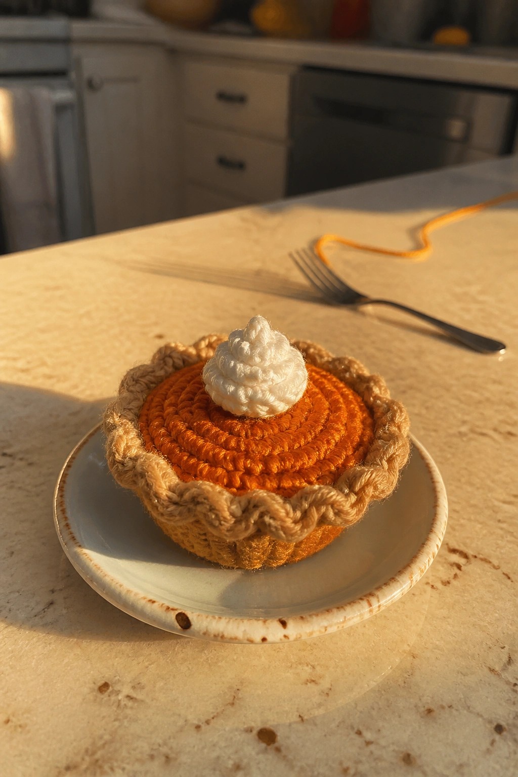 Crocheted pumpkin pie with white topping on plate atop marble kitchen counter