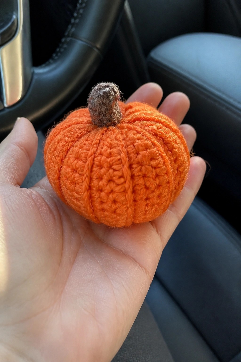 Hand holding small orange crocheted pumpkin with brown stem inside car