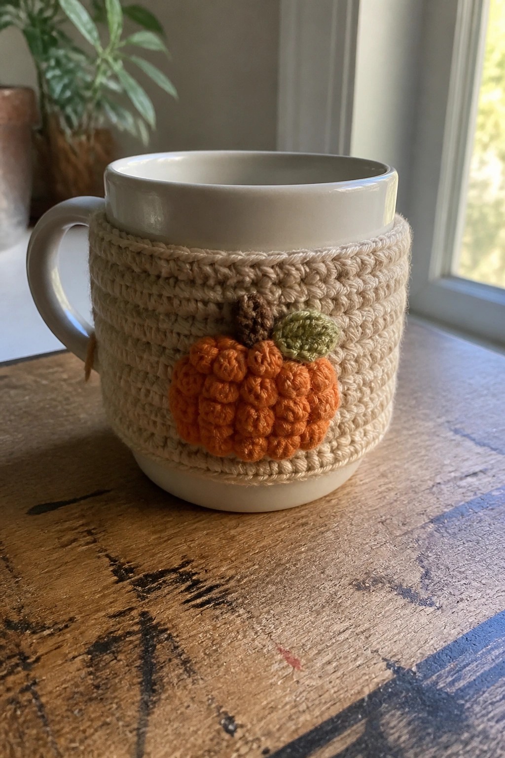 White mug in beige crocheted cozy with orange pumpkin on wooden table