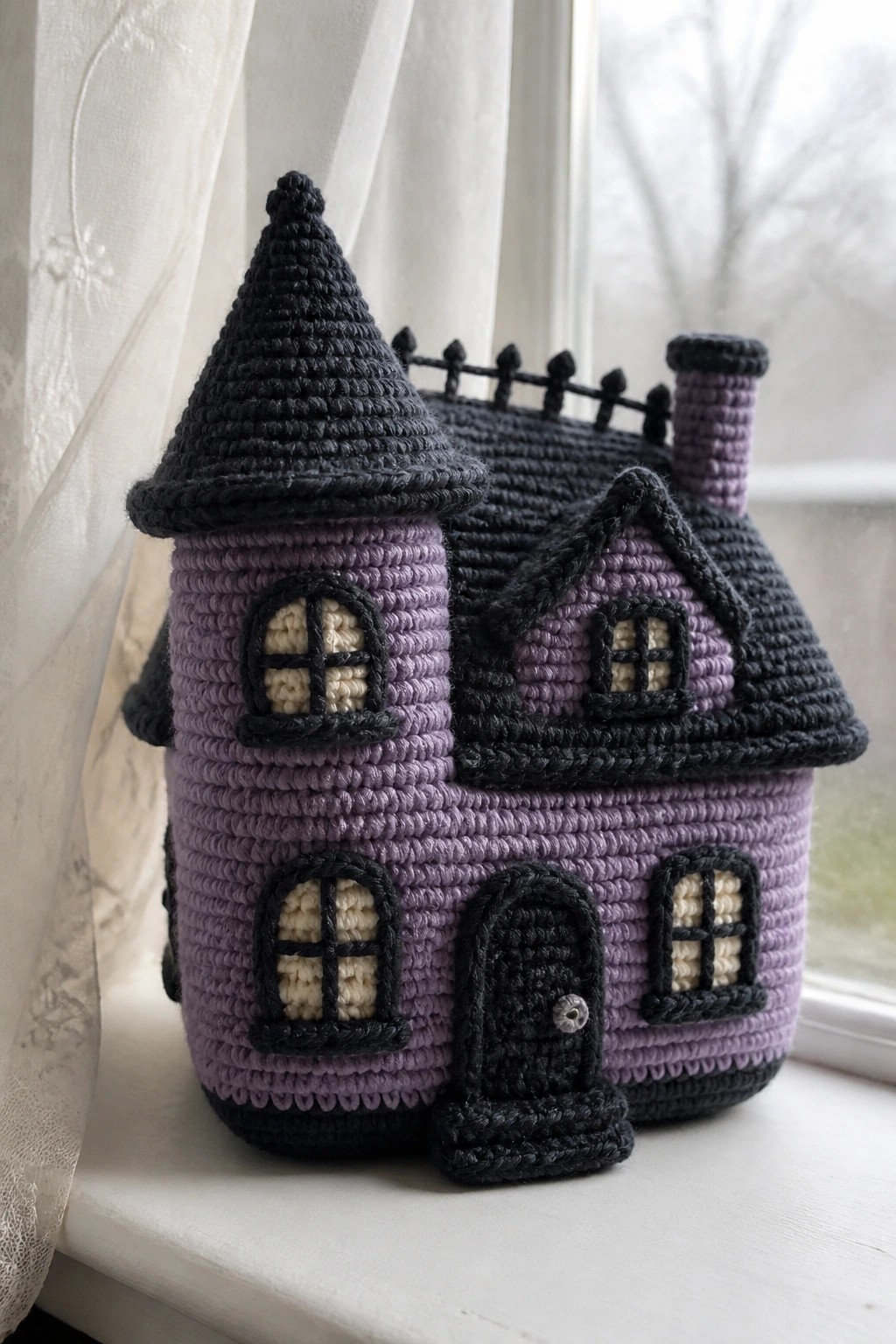 Crocheted purple house with black roof, tower, windows, and door on windowsill
