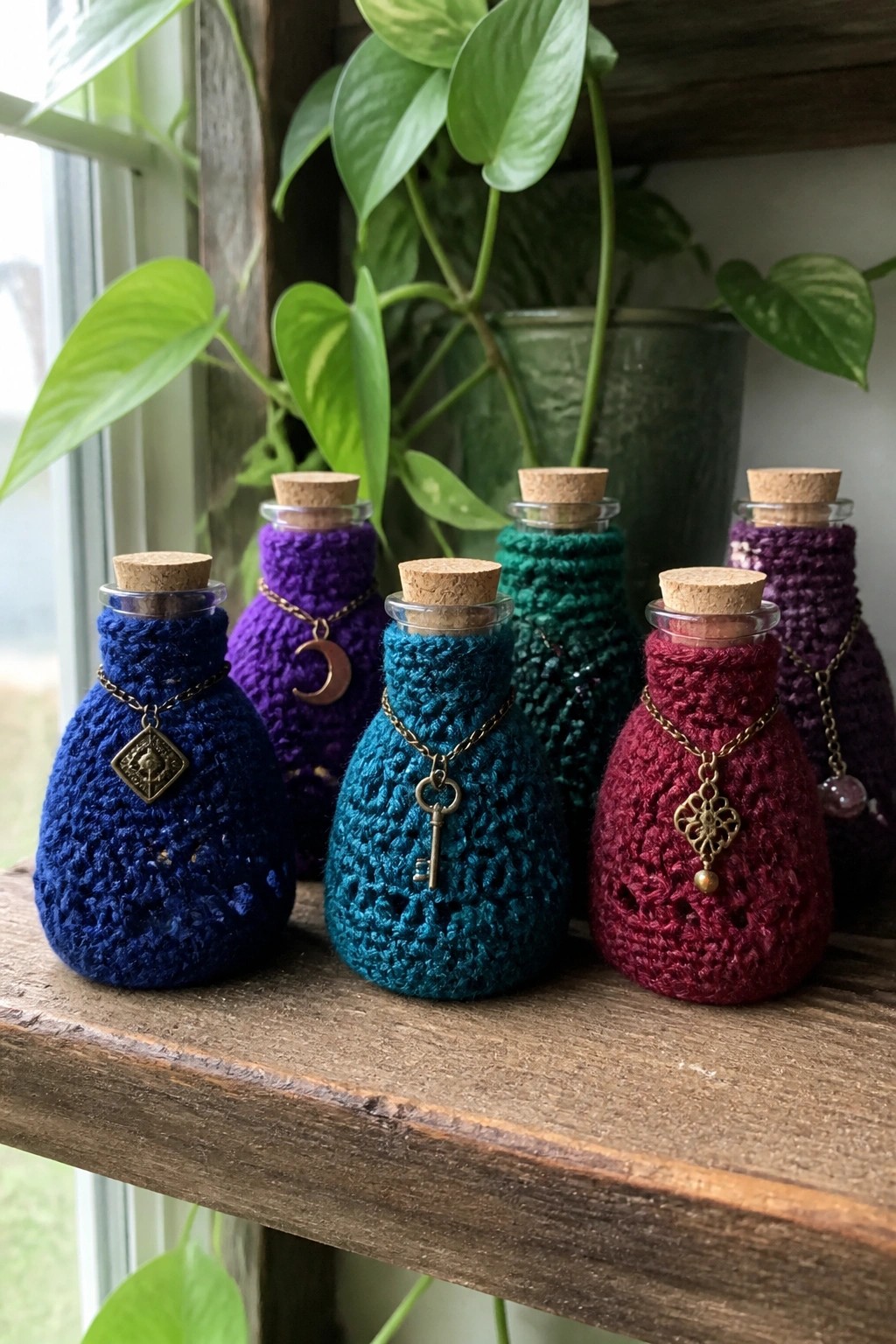 Colorful crocheted bottles with charms on wooden shelf amid green houseplants