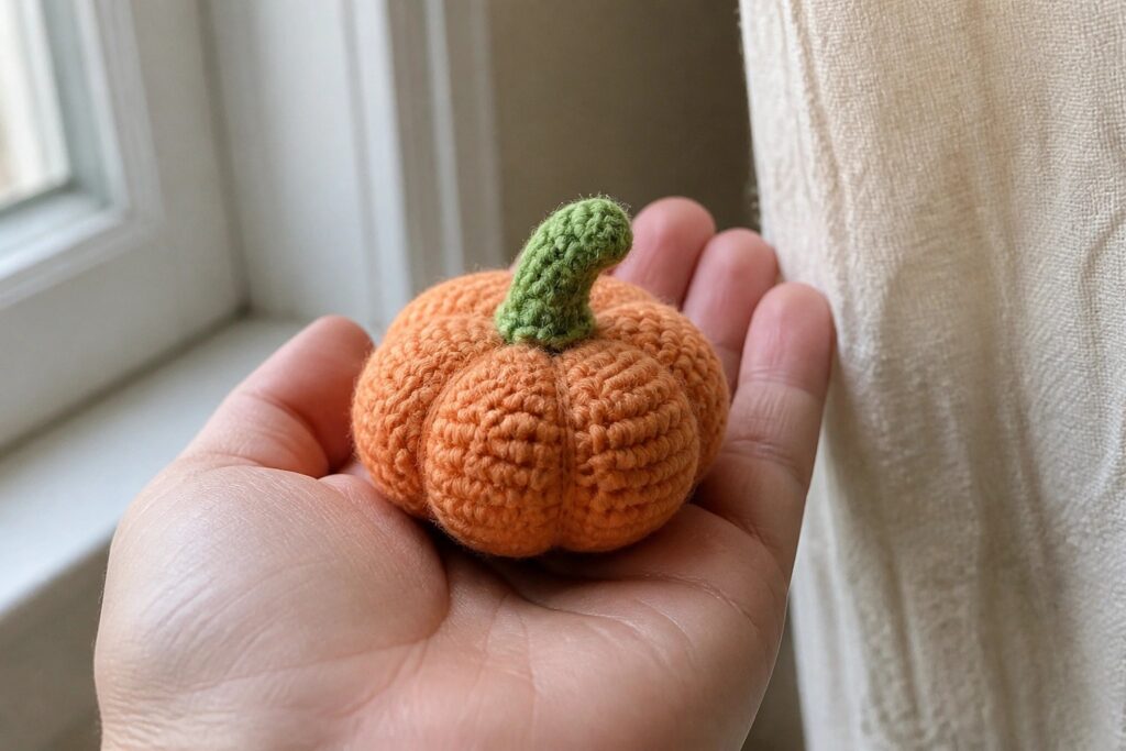 Hand holding a small fuzzy orange crocheted pumpkin with a green stem.