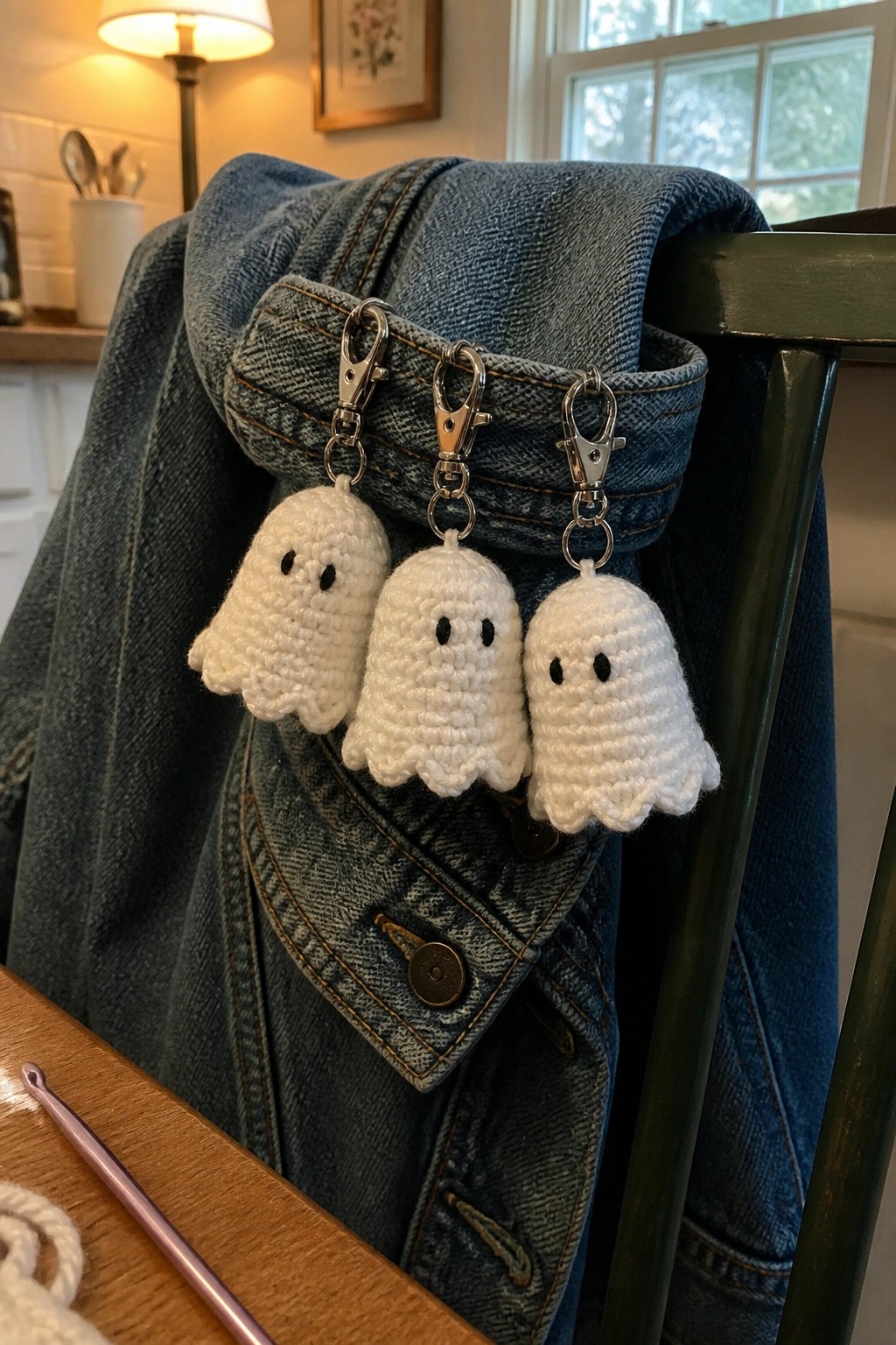 Three white crocheted ghost keychains on blue denim jacket with pink hook nearby