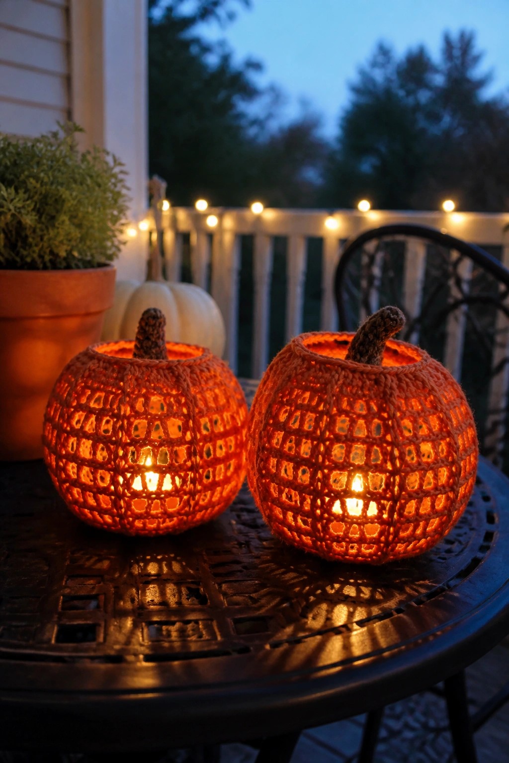 Two glowing crocheted orange pumpkin lanterns on a dark metal table at dusk