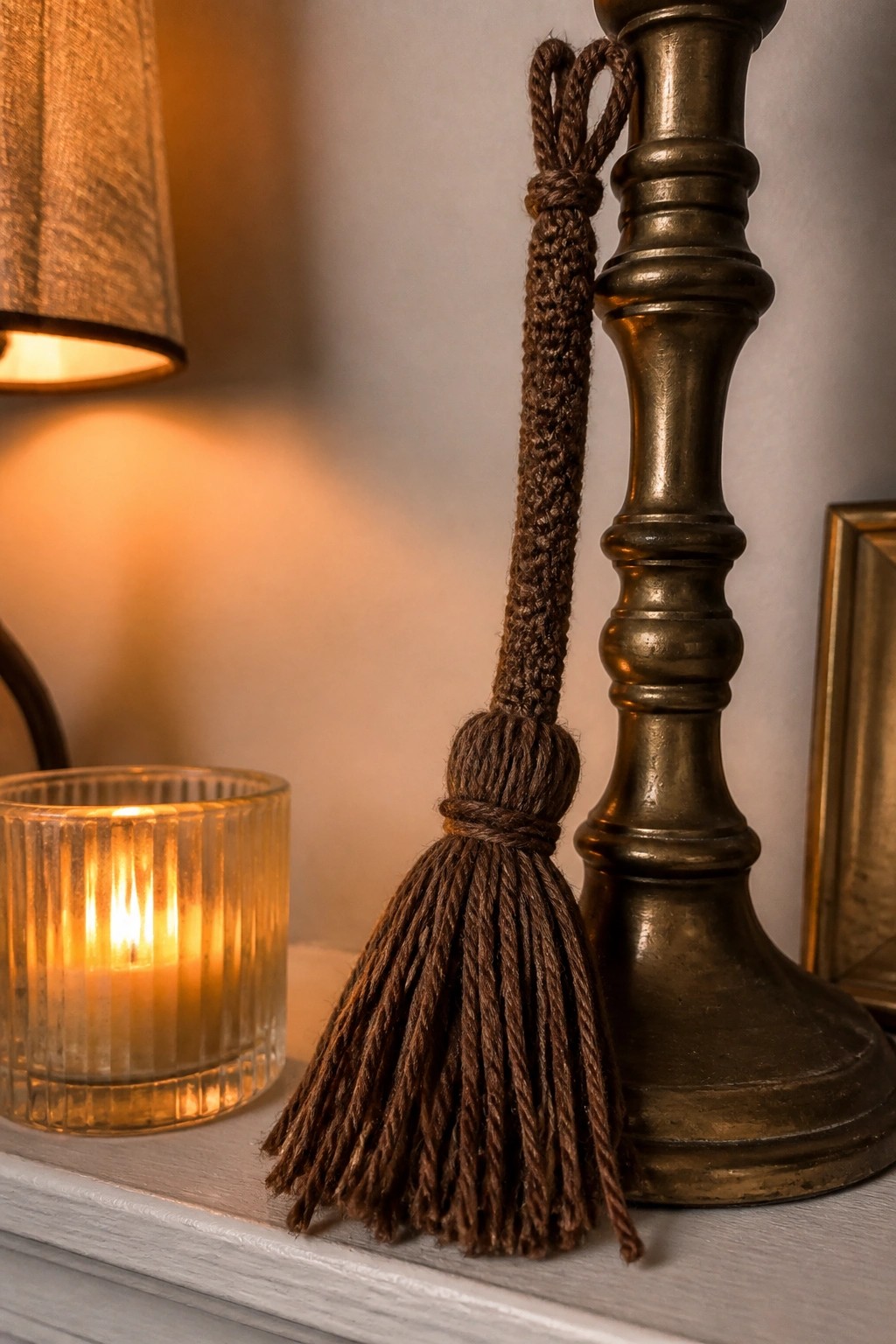 Brown tassel on brass lamp base beside lit candle in ribbed glass holder