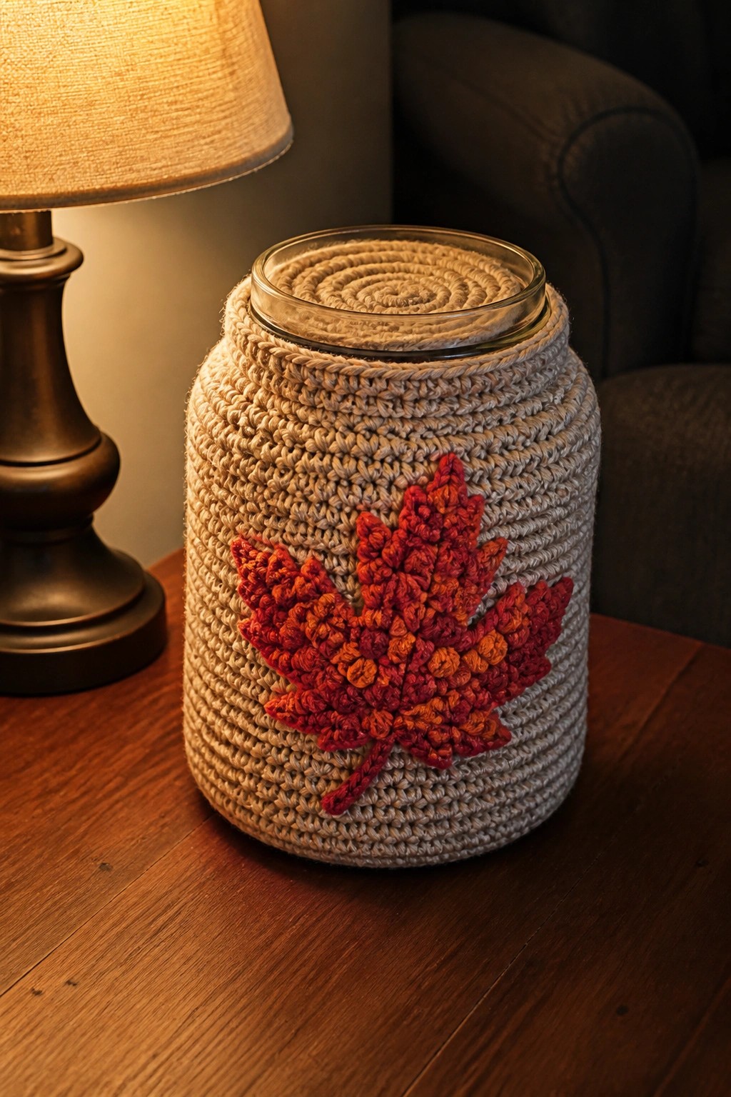 Crocheted beige jar with red maple leaf on wooden table beside lamp