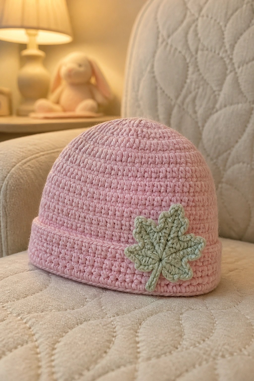 Pink crocheted baby hat with light green leaf appliqué on quilted fabric.
