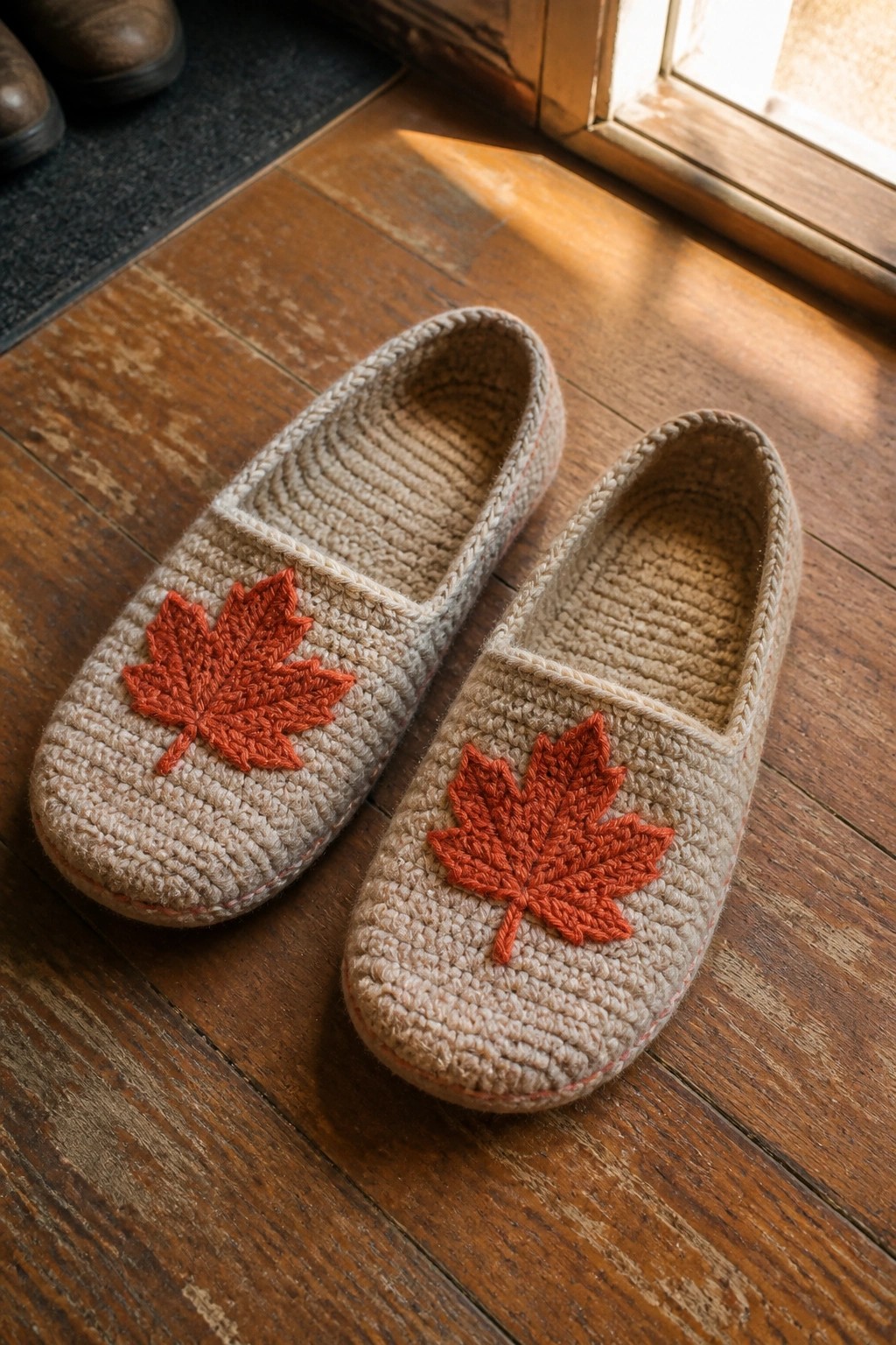 Beige crocheted slippers with red maple leaves on sunlit wooden floor