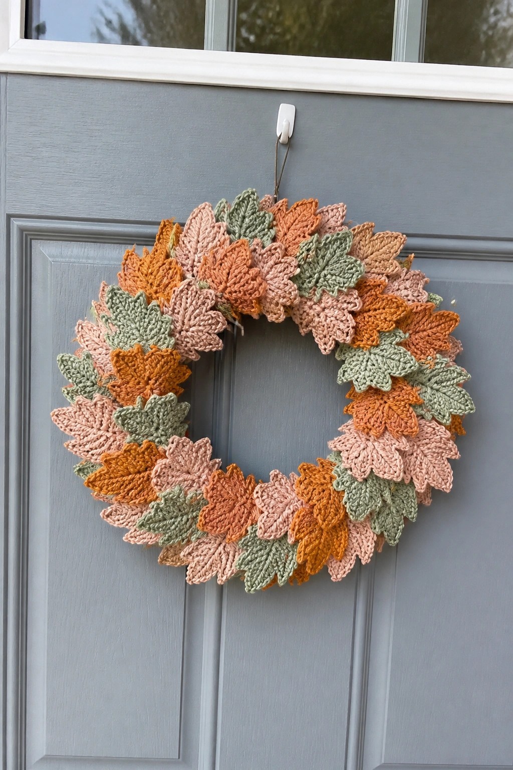 Crocheted autumn leaf wreath in orange, peach, and green on gray door.