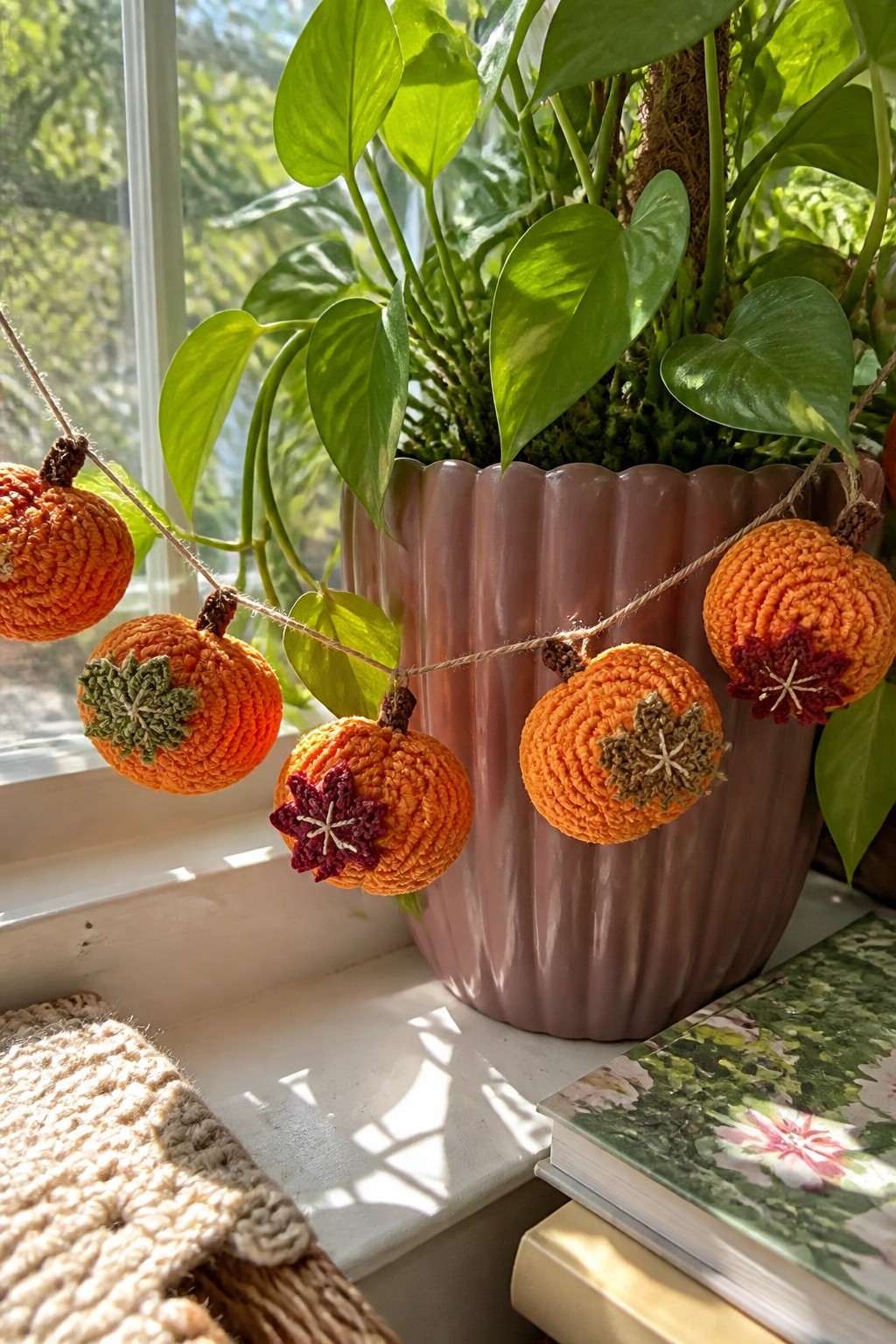 Crocheted orange pumpkin garland hanging by a potted plant on a sunny windowsill.