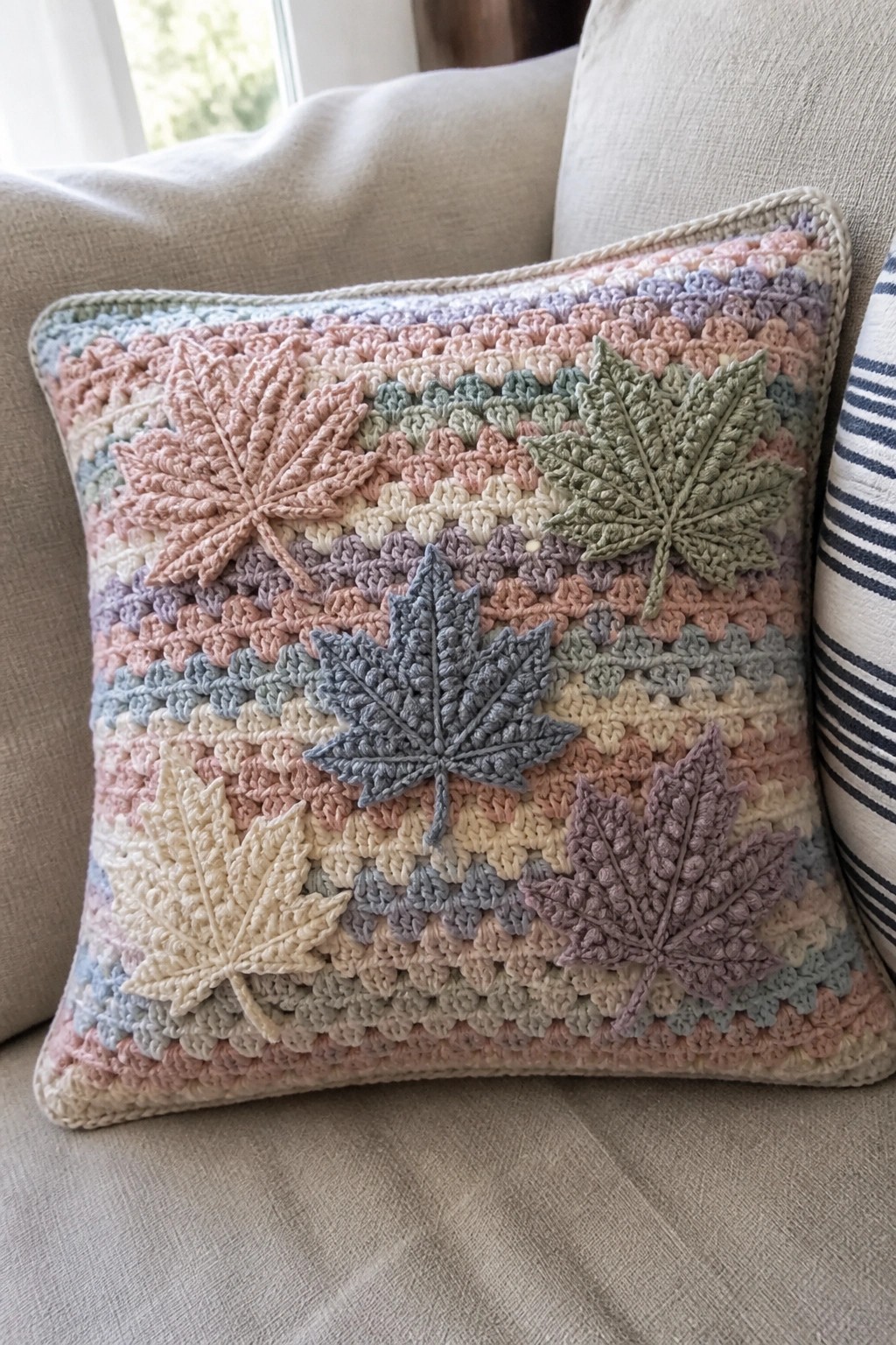 Pastel crocheted pillow with maple leaf appliqués on a couch.