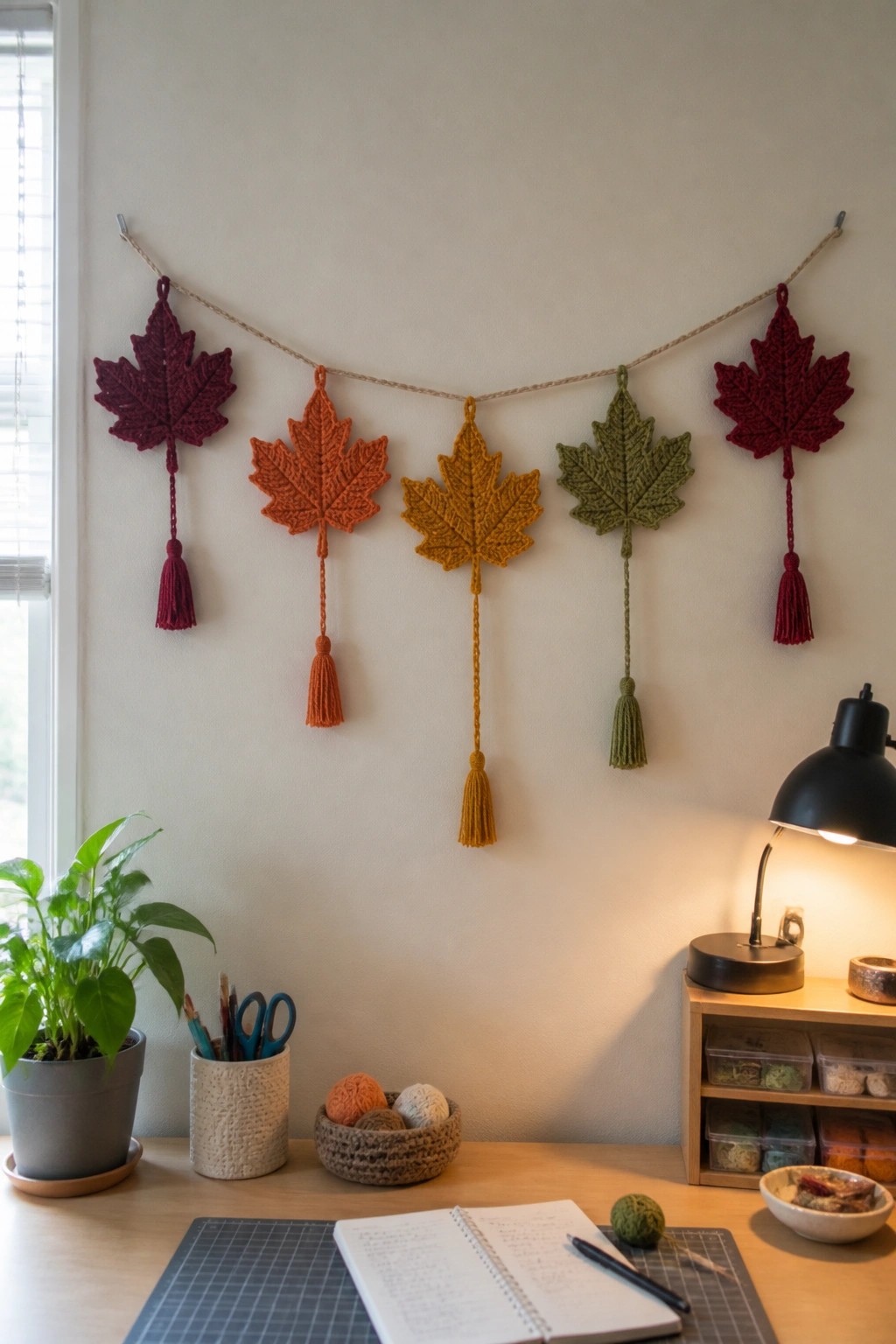 Crocheted maple leaf garland in autumn colors above a wooden craft desk.