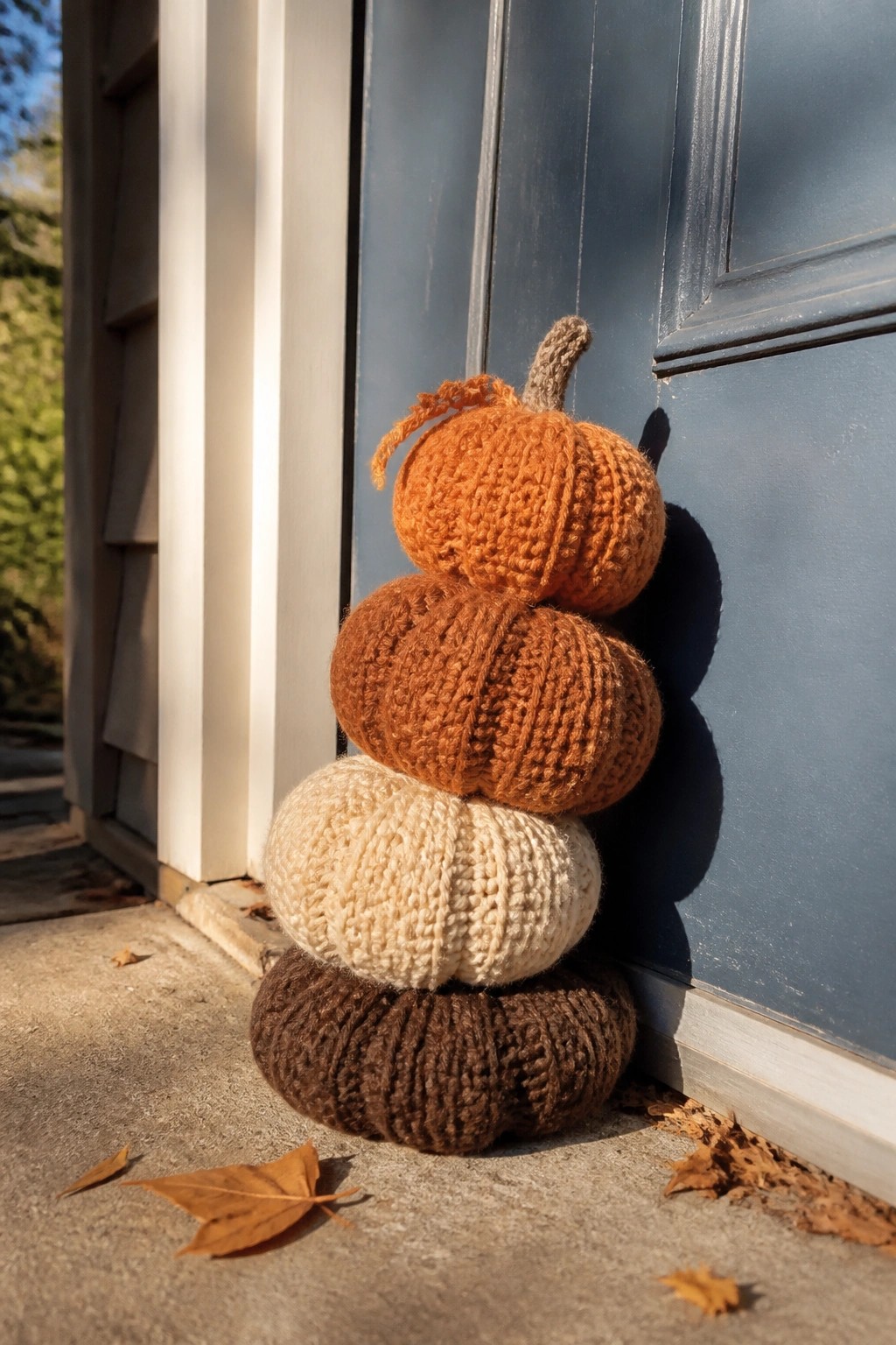 Four knitted pumpkins stacked beside blue door on concrete with autumn leaves