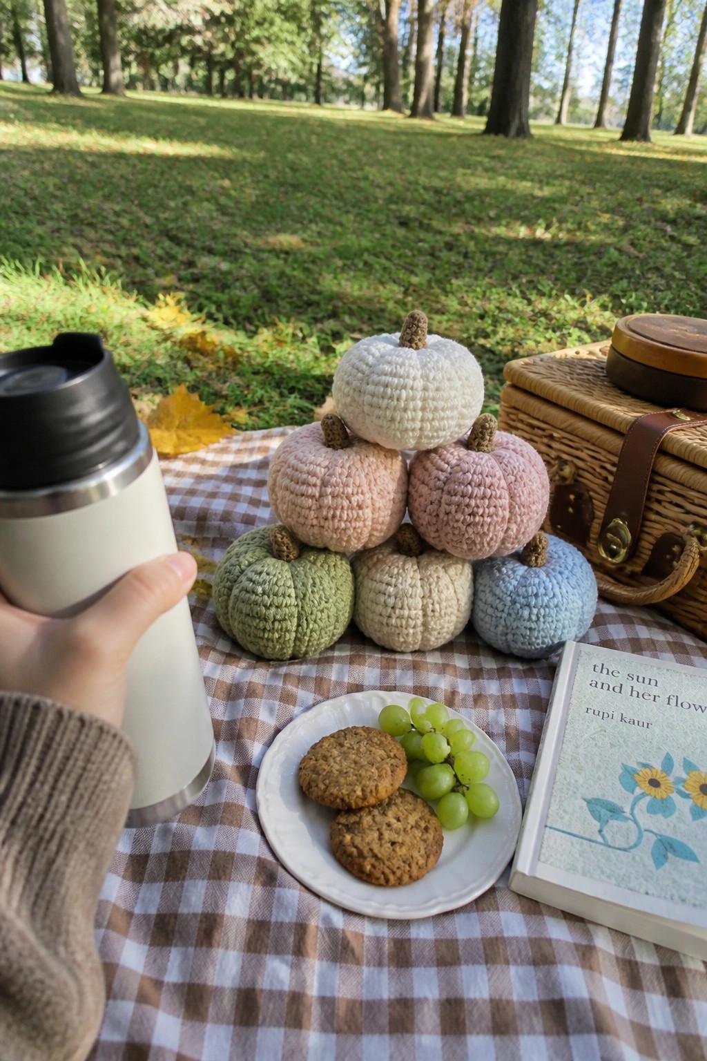 Hand holding thermos near crocheted pumpkins, cookies, grapes and poetry book on checkered blanket