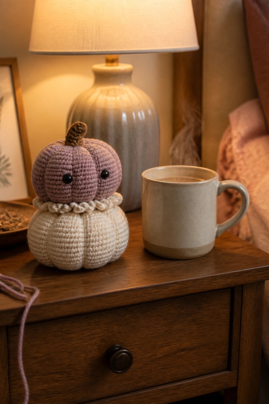 Crocheted purple-white pumpkin with face beside steaming mug on wooden nightstand