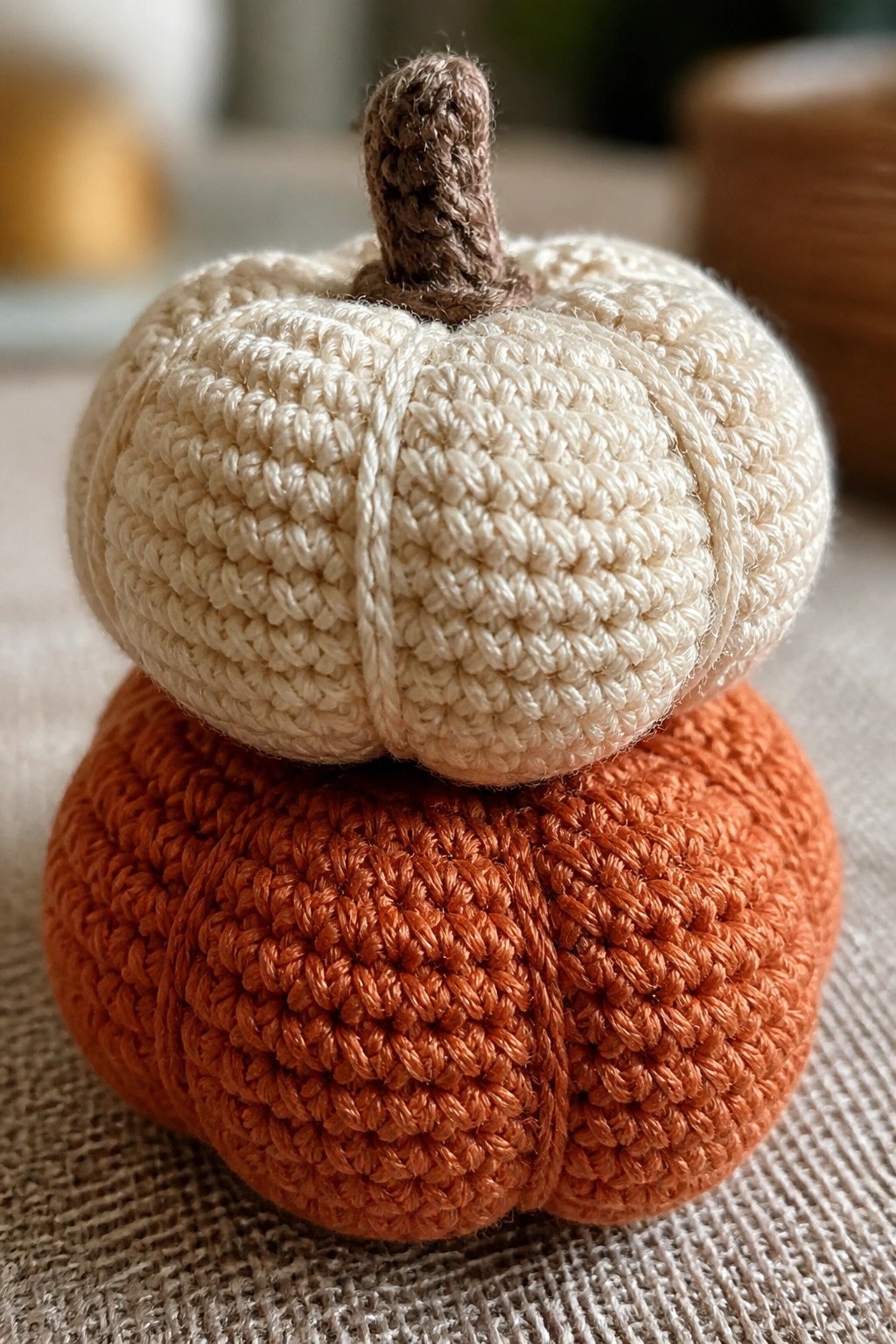 Stacked cream and orange crocheted pumpkins with brown stem on fabric surface
