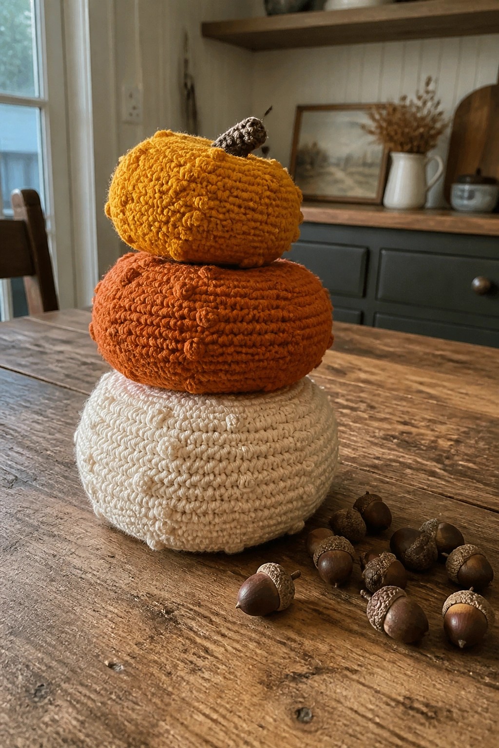 Stacked crocheted pumpkins in white, orange, and yellow with acorns on wooden table.