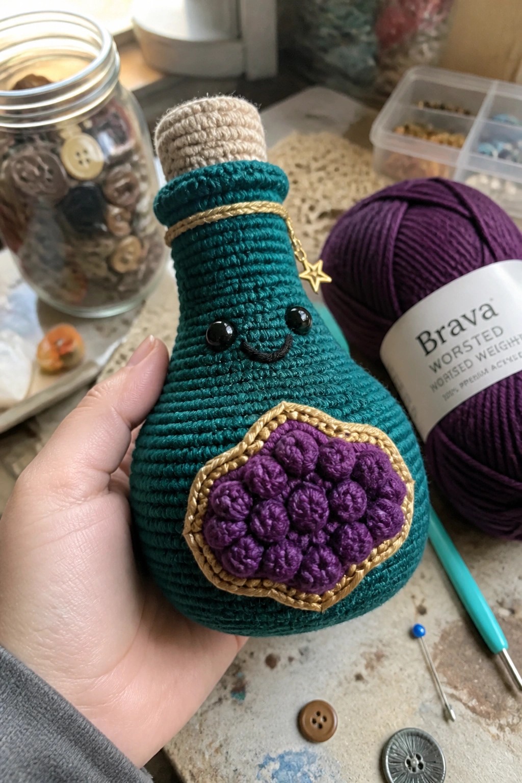 Hand holding crocheted teal potion bottle with purple label and smiling face