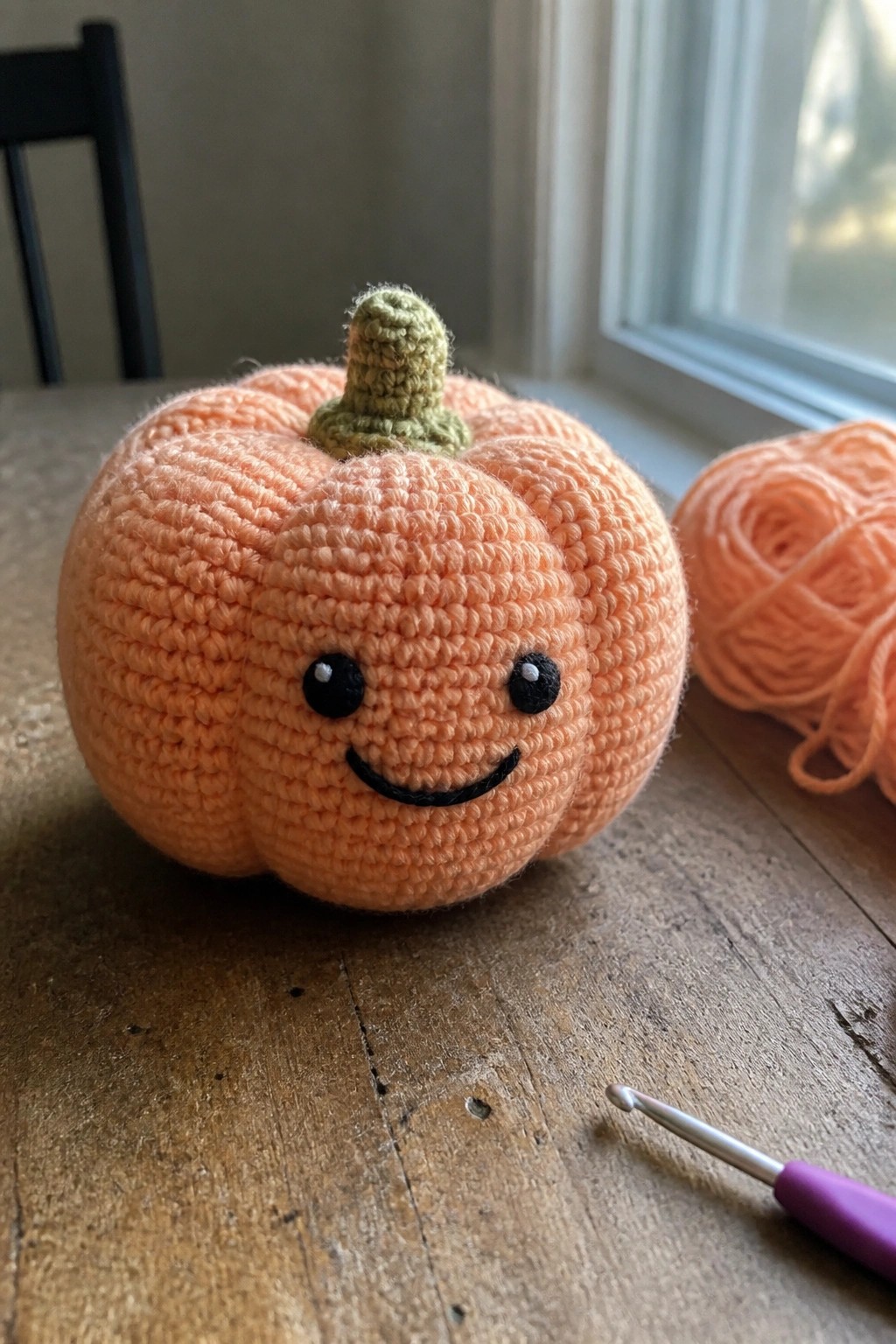 A crocheted orange pumpkin plush with black eyes and a smile plus a green stem rests on a wooden surface beside a ball of yarn and a crochet hook.