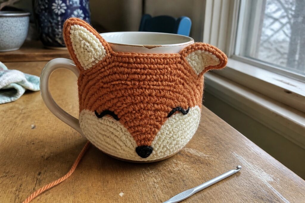 Orange crocheted fox mug cozy with black eyes beside hook on wooden table