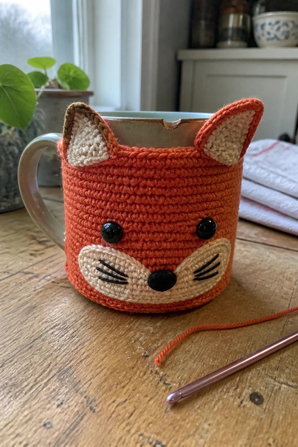 Orange crocheted fox mug cozy with black eyes beside hook on wooden table