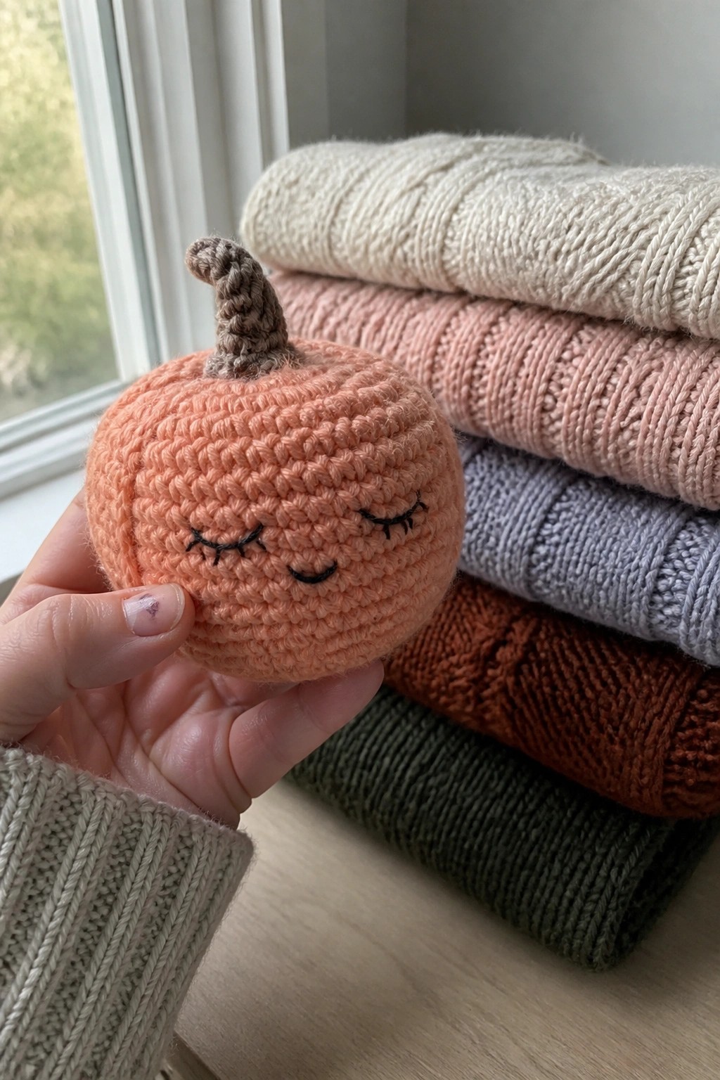 Hand holding crocheted orange pumpkin with sleepy face before stack of colorful knit sweaters
